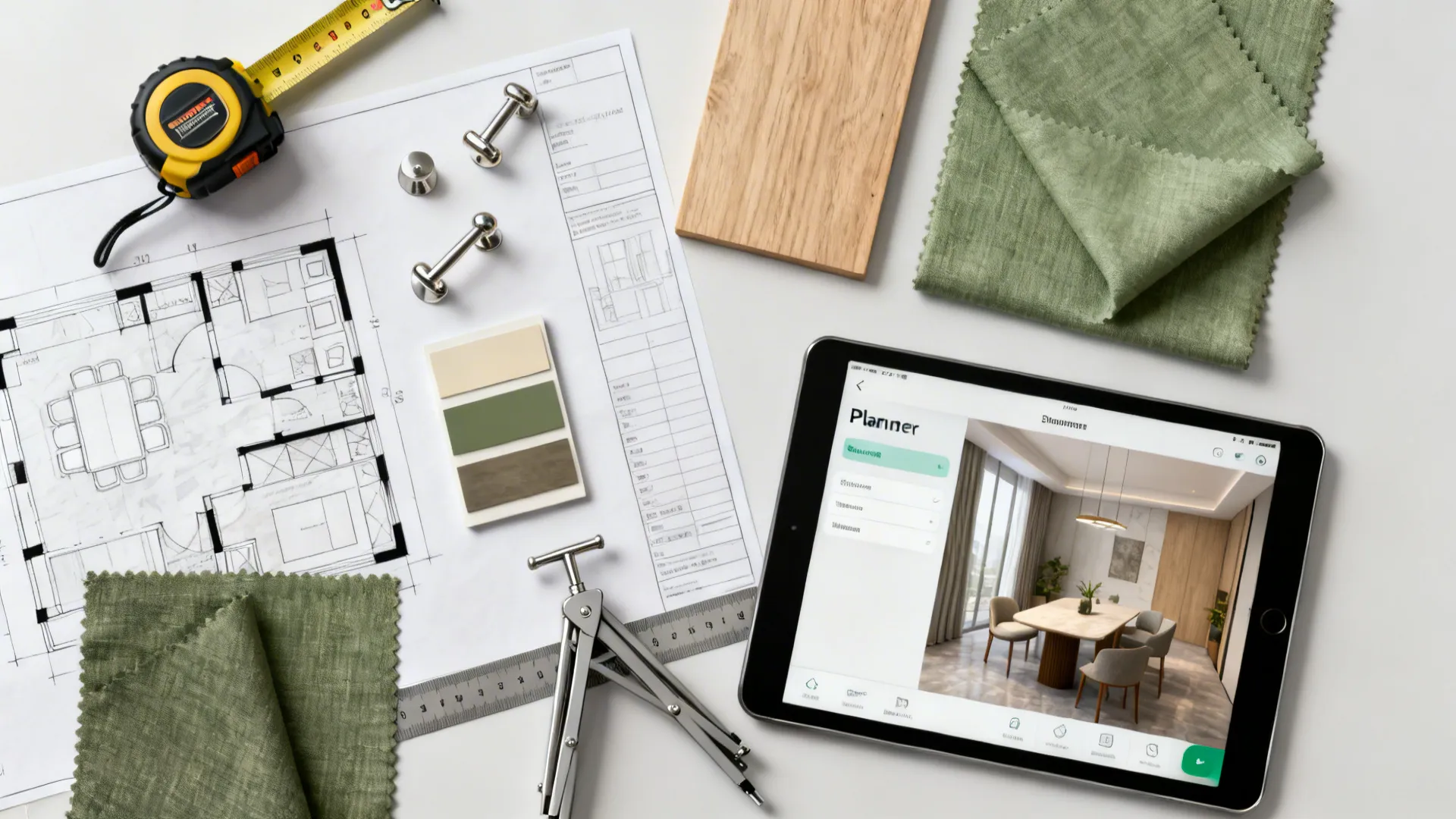 Top-down flatlay of measuring tools, fabric swatches, and a tablet with a 3D floor plan for small dining layout planning.