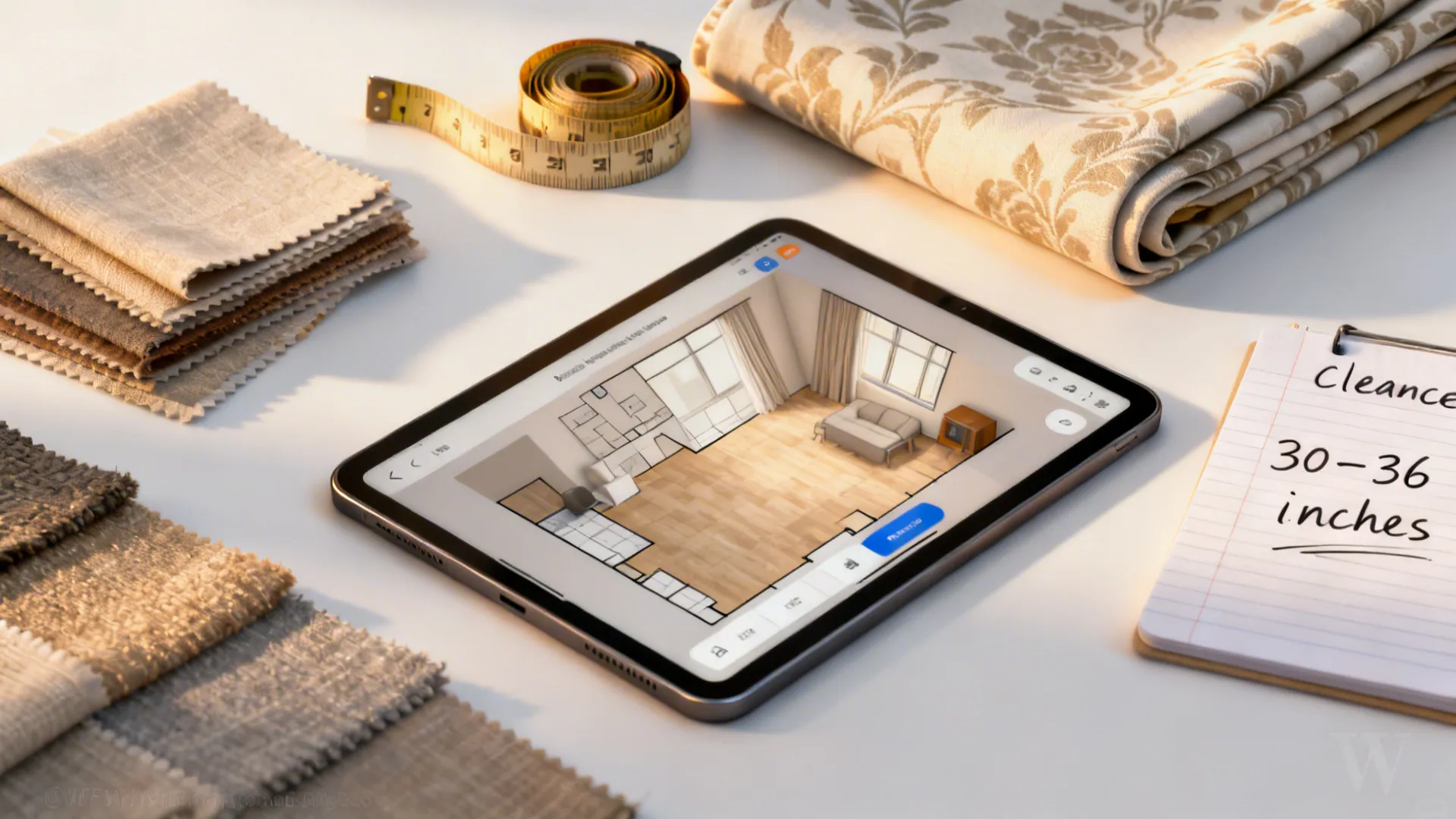 Flatlay of a tablet with a 3D planner, fabric swatches, and measuring tape for sofa planning.
