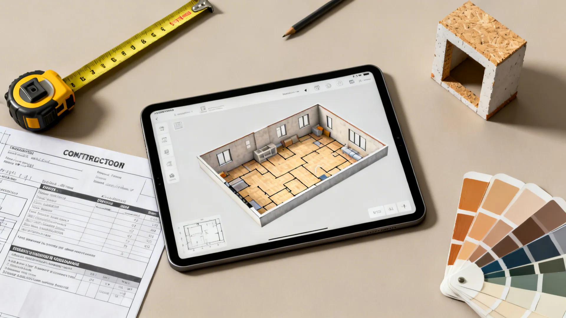 Tablet showing a 3D room layout surrounded by a tape measure, pencil, and color swatches
