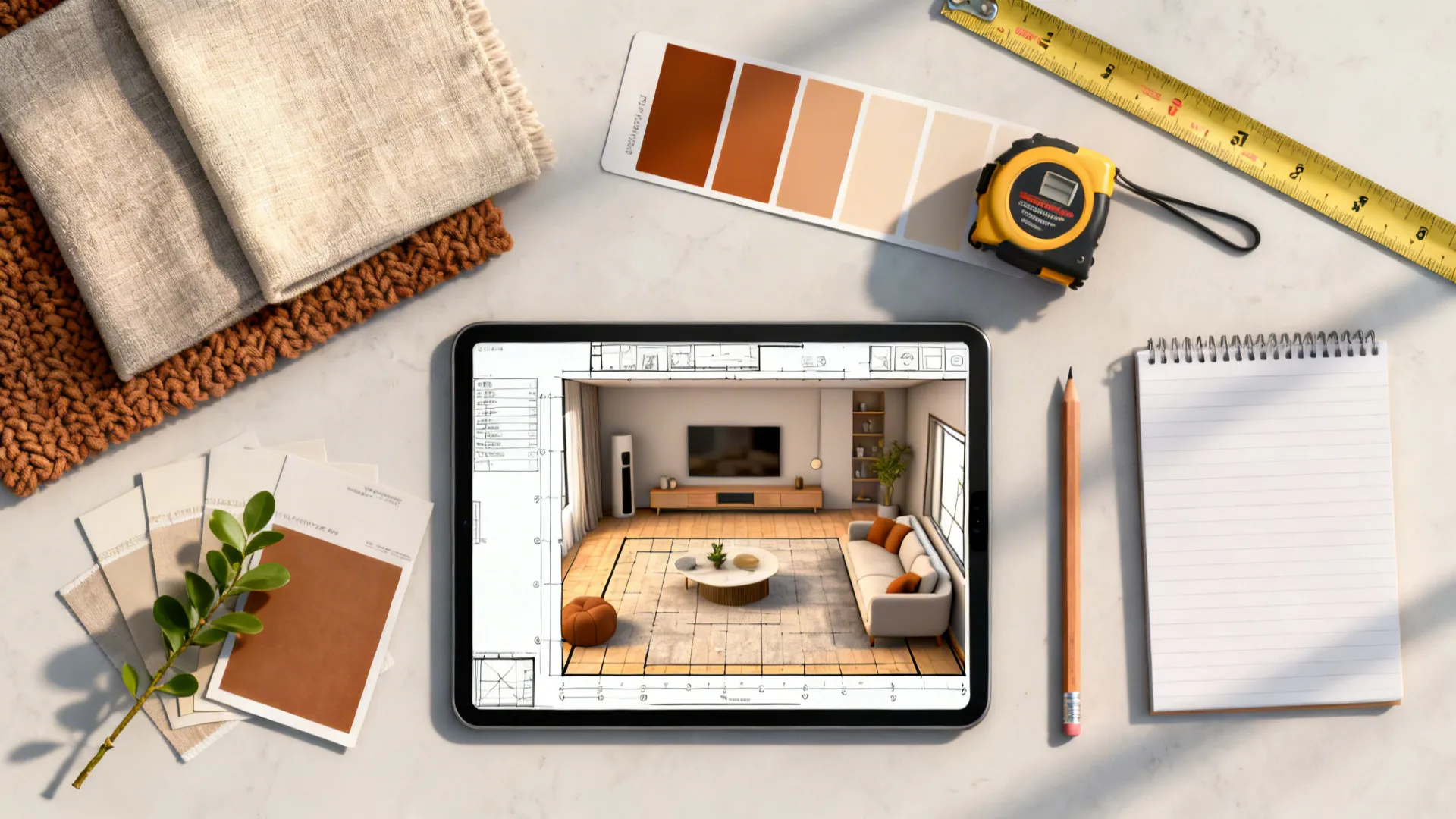 Top-down flatlay of a room planning kit with tablet showing 3D floor planner, fabric and paint swatches.