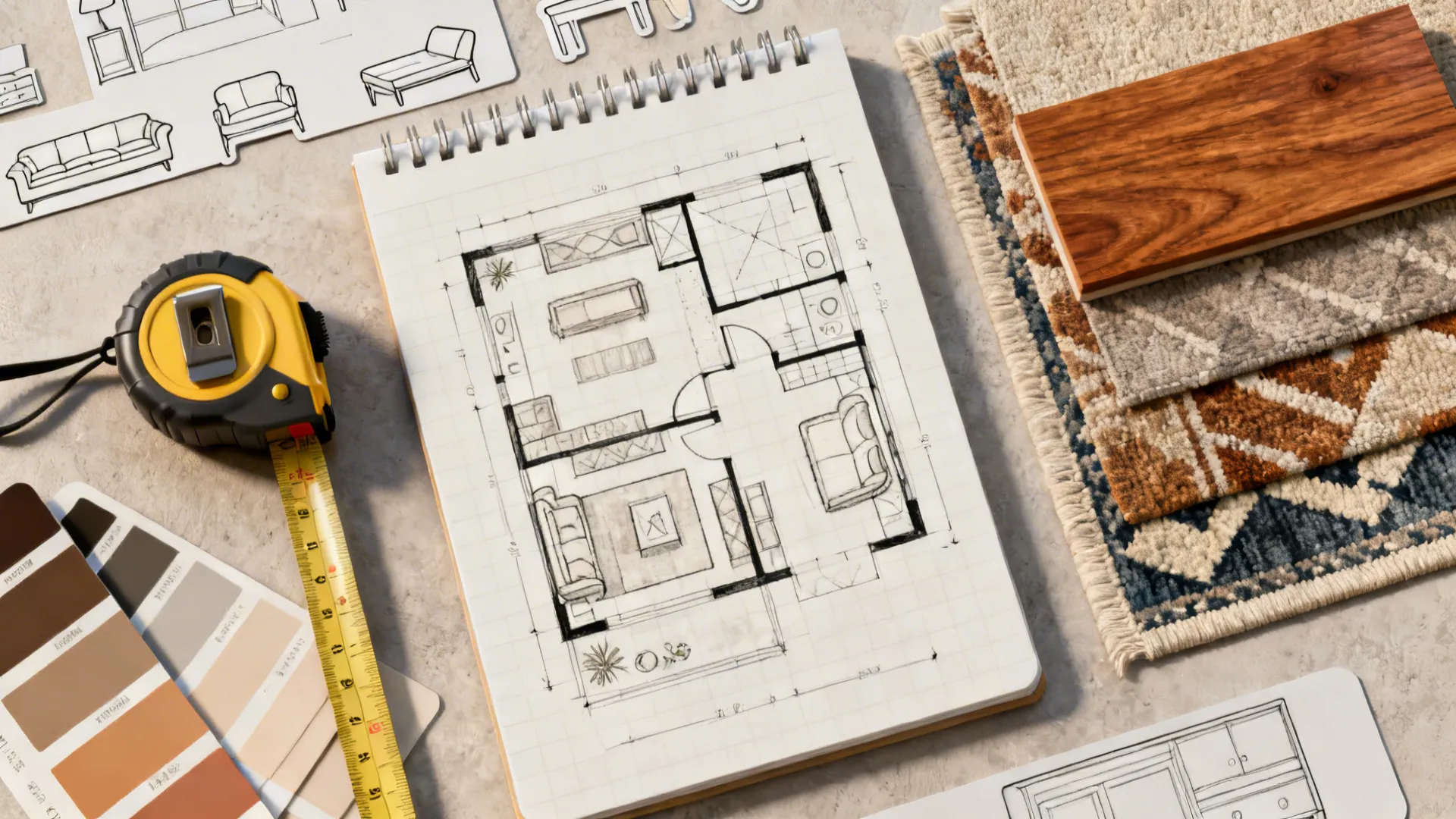 Hand drawn floor plan in notebook with tape measure color swatches and several material samples
