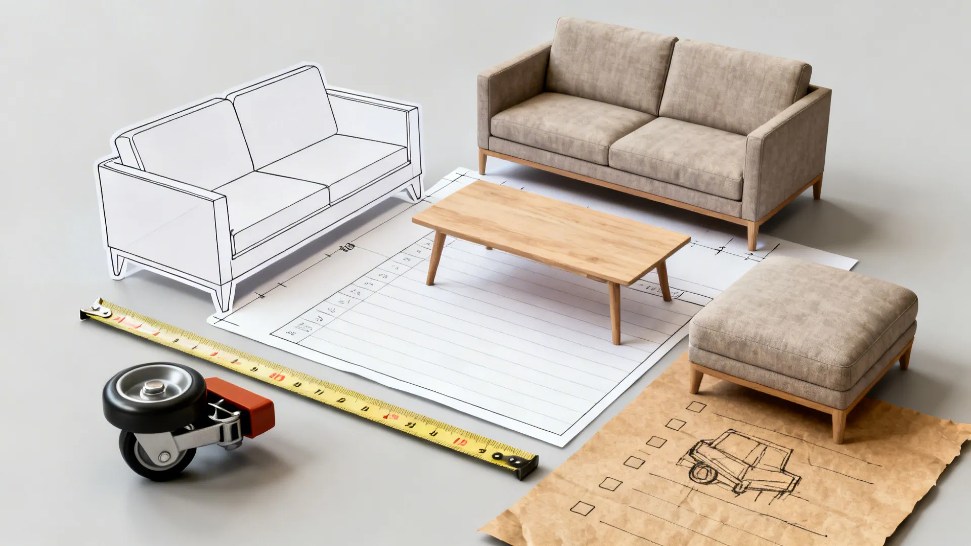 Flatlay with paper cutouts, measuring tape and caster sample for testing furniture footprints in a small room.