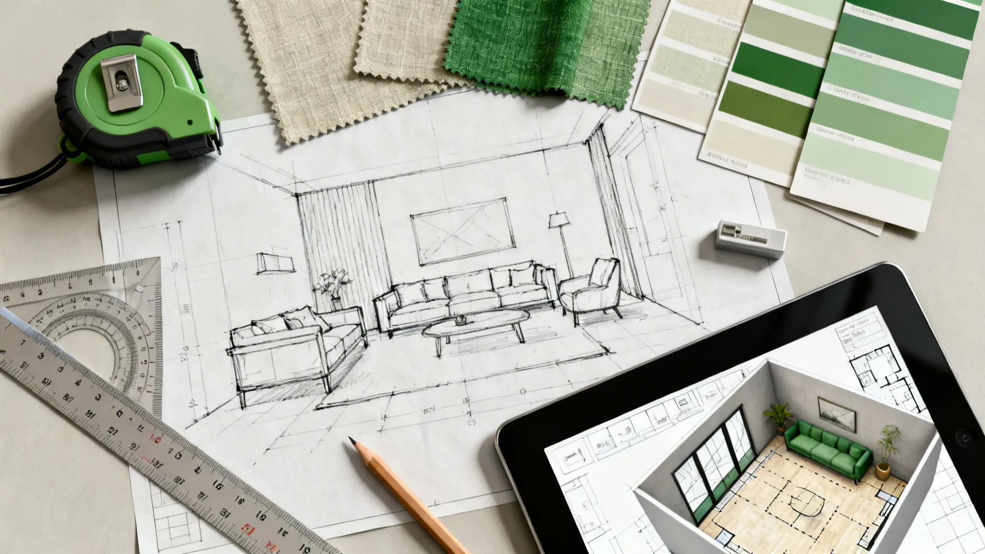 Top-down flatlay of room planning tools, fabric swatches, and a tablet with a 3D planner.