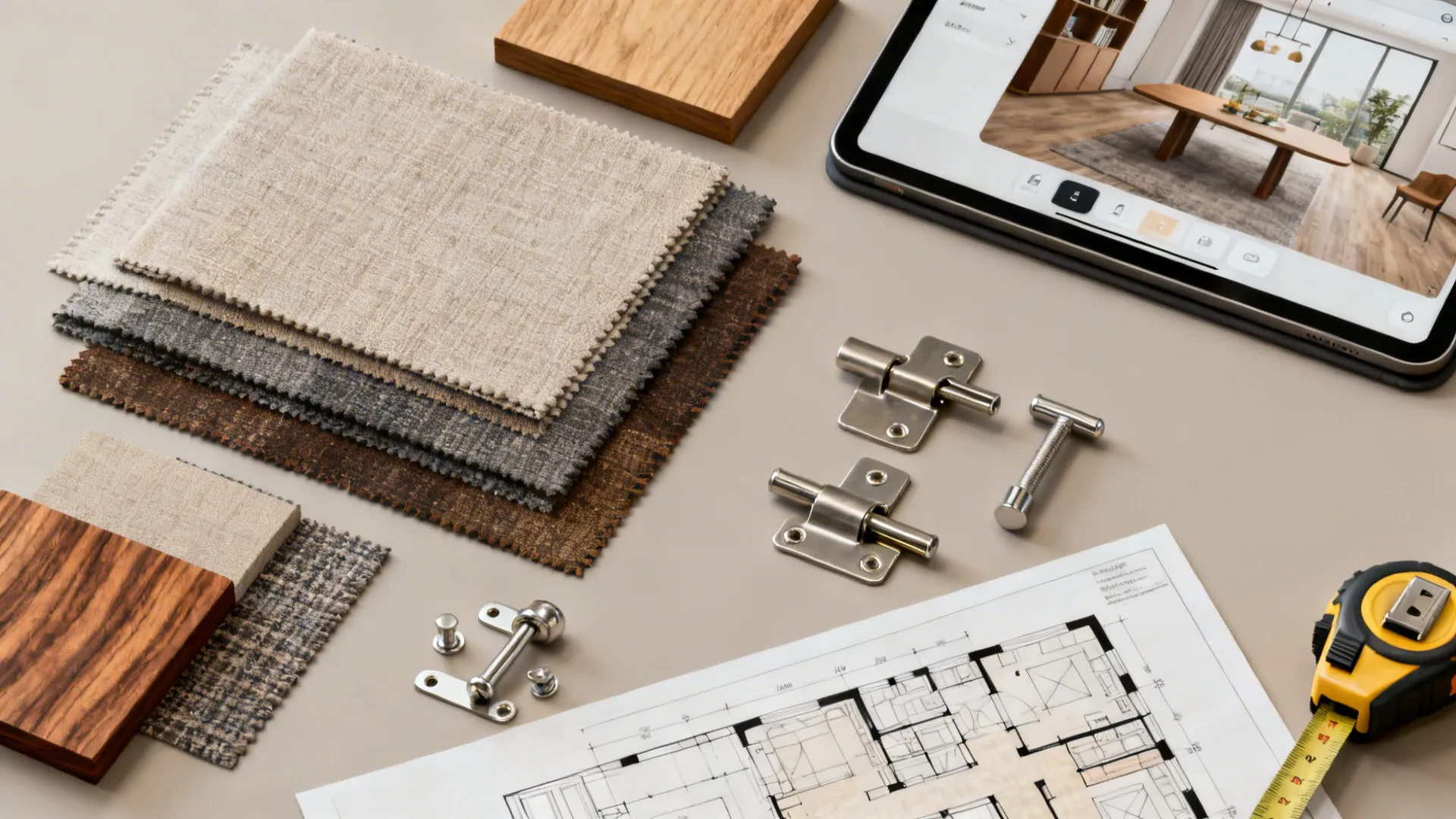 Flatlay of fabric swatches, wood samples, hinge hardware, measuring tape and a tablet with a room-planner app.