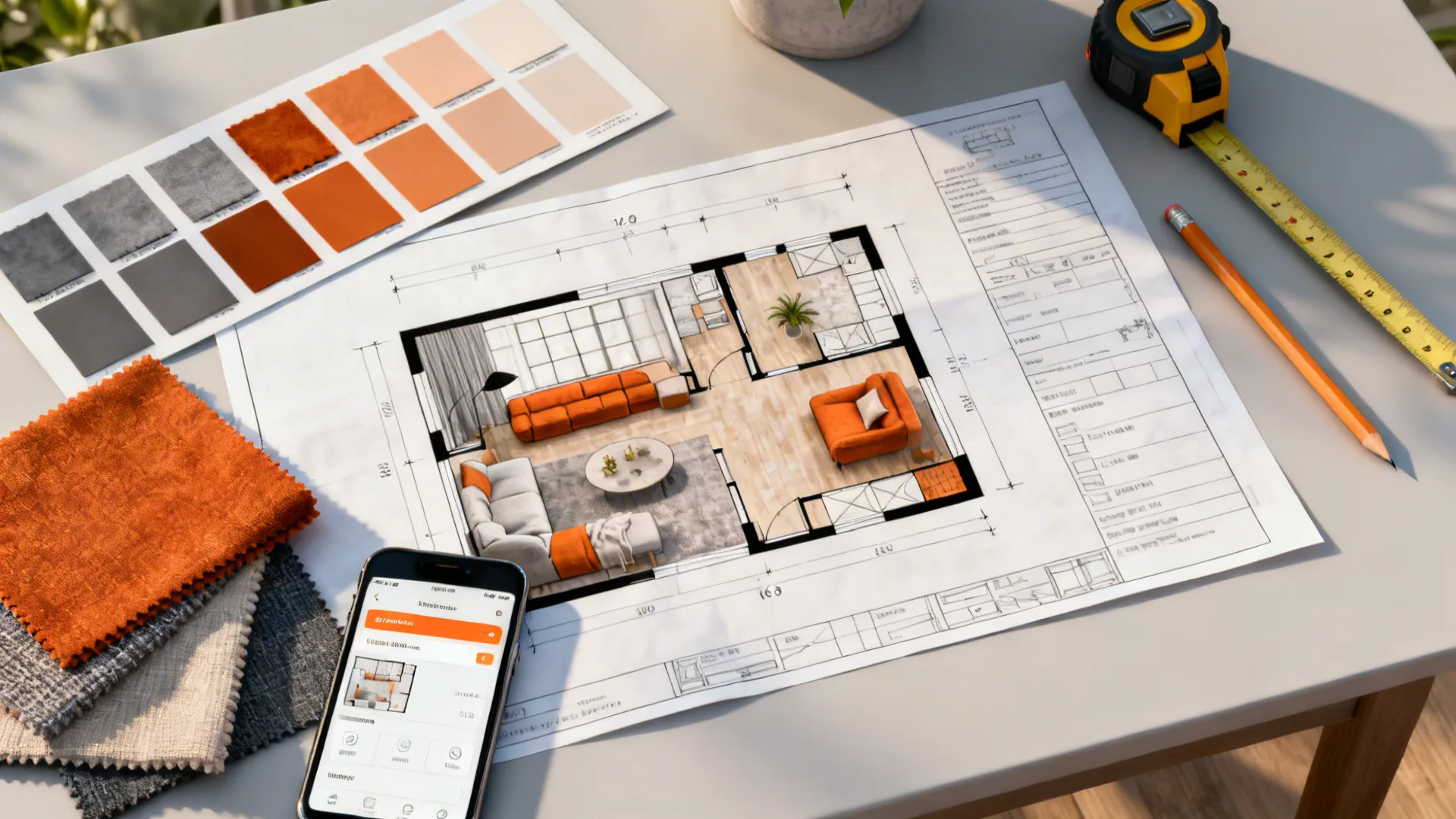 Top-down shot of a small living room planning flatlay with floor plan, swatches, and a planning app on a phone.