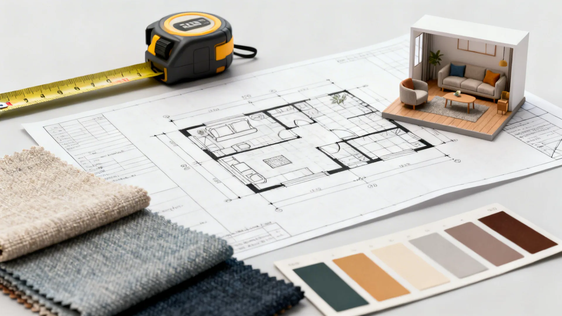 Flatlay of floor plan sketches, measuring tape and fabric swatches for planning a small living room