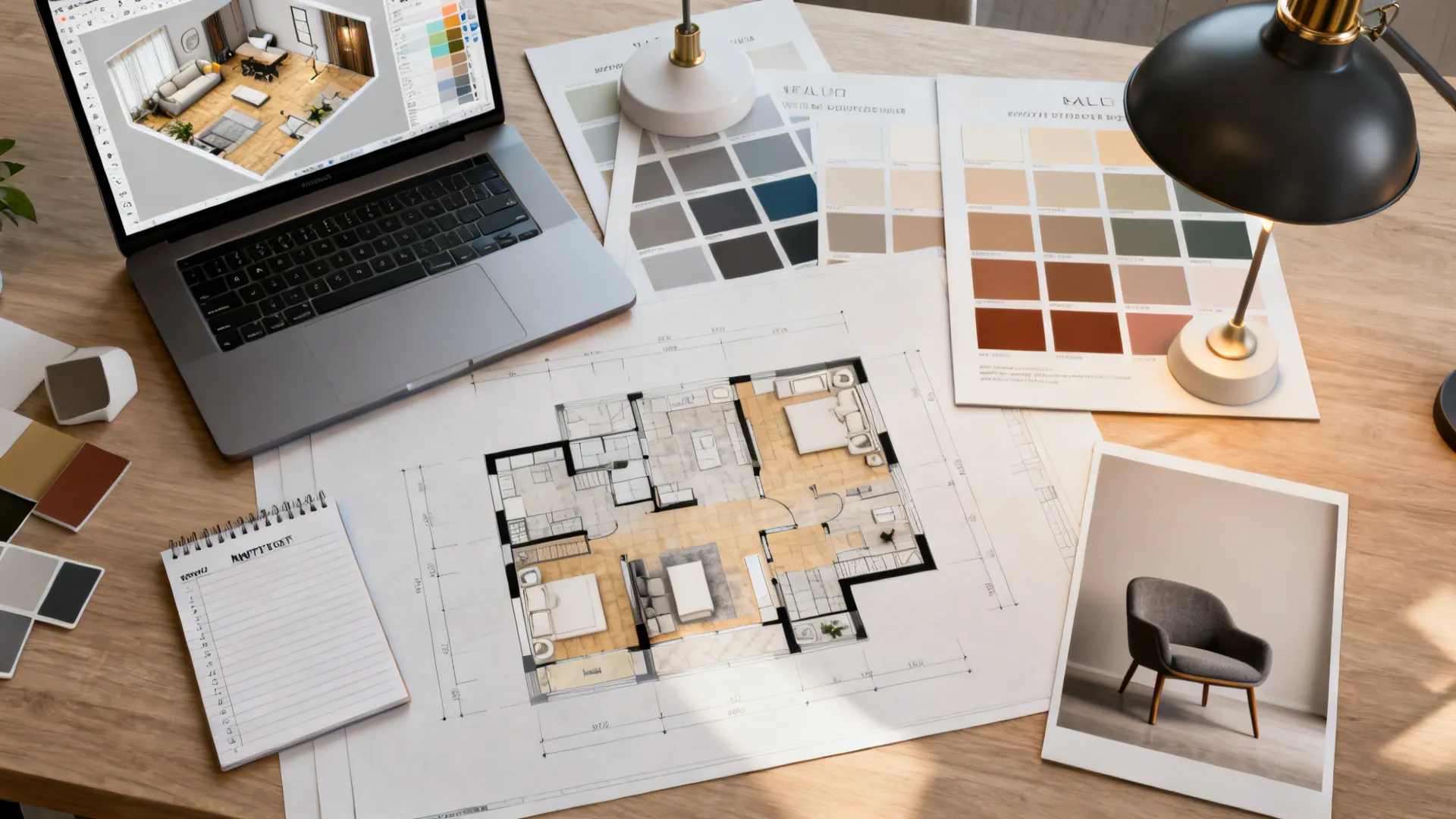 Wooden desk with laptop showing interior design drawing plus floor plan and various color samples