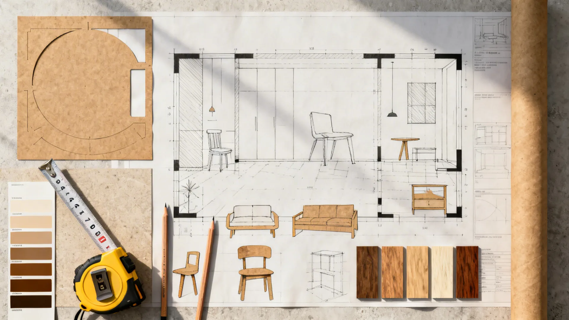 Flatlay of kraft paper templates, measuring tape, paint swatches and layout sketches for wall planning.