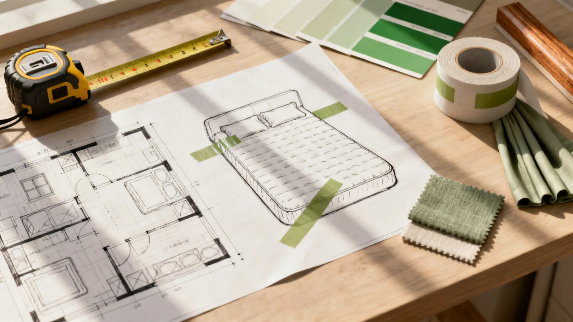 Flatlay of planning tools: tape measure, floorplan sketch, tape marking mattress footprint, and fabric swatches.