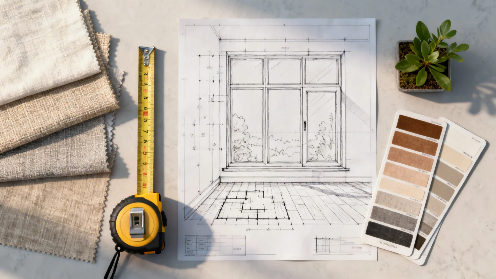 Flatlay of window planning tools including tape measure, fabric swatches and a 3D floor planner sketch.