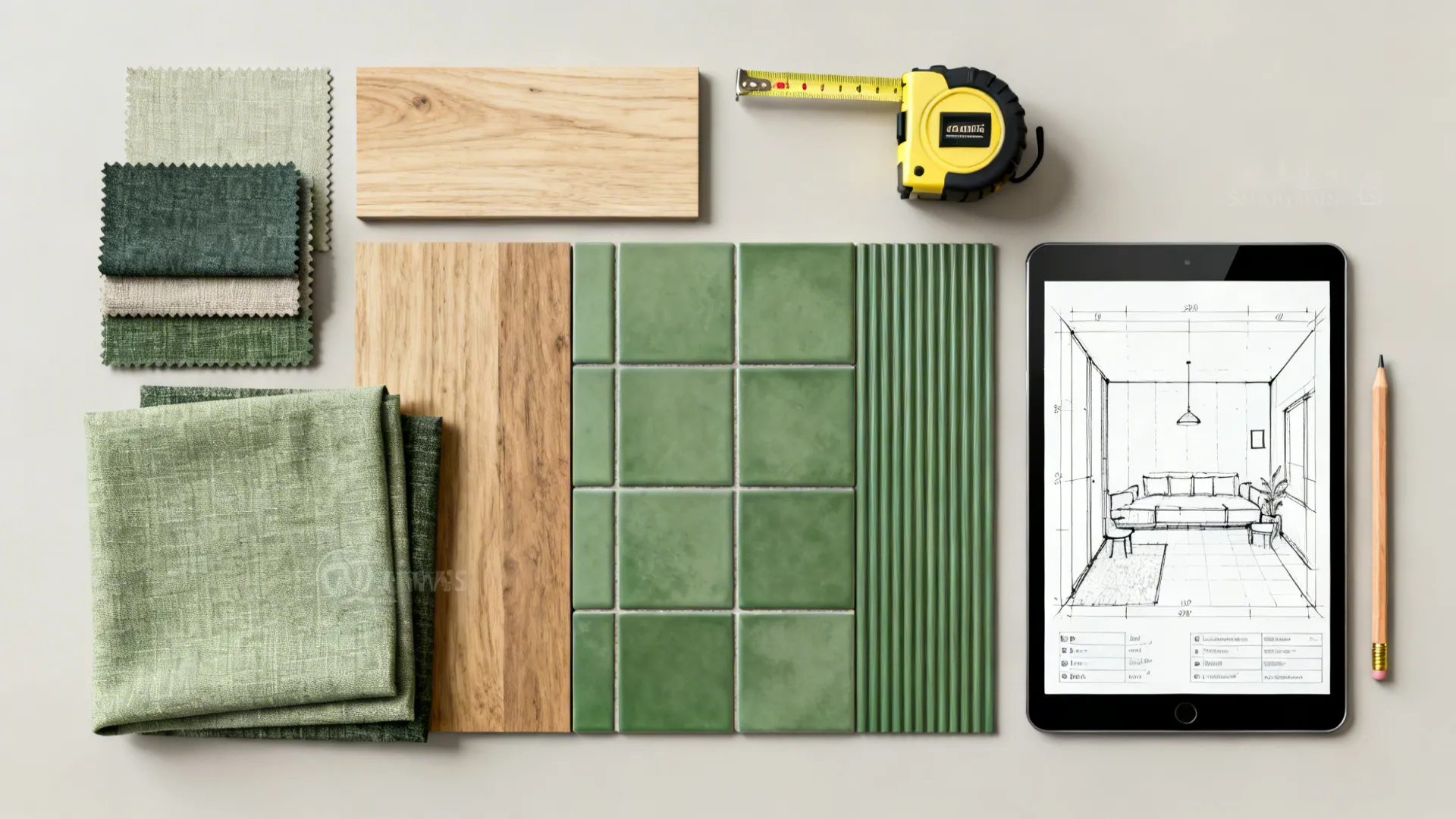 Flatlay of material samples and a tablet room planner for small-apartment divider ideas