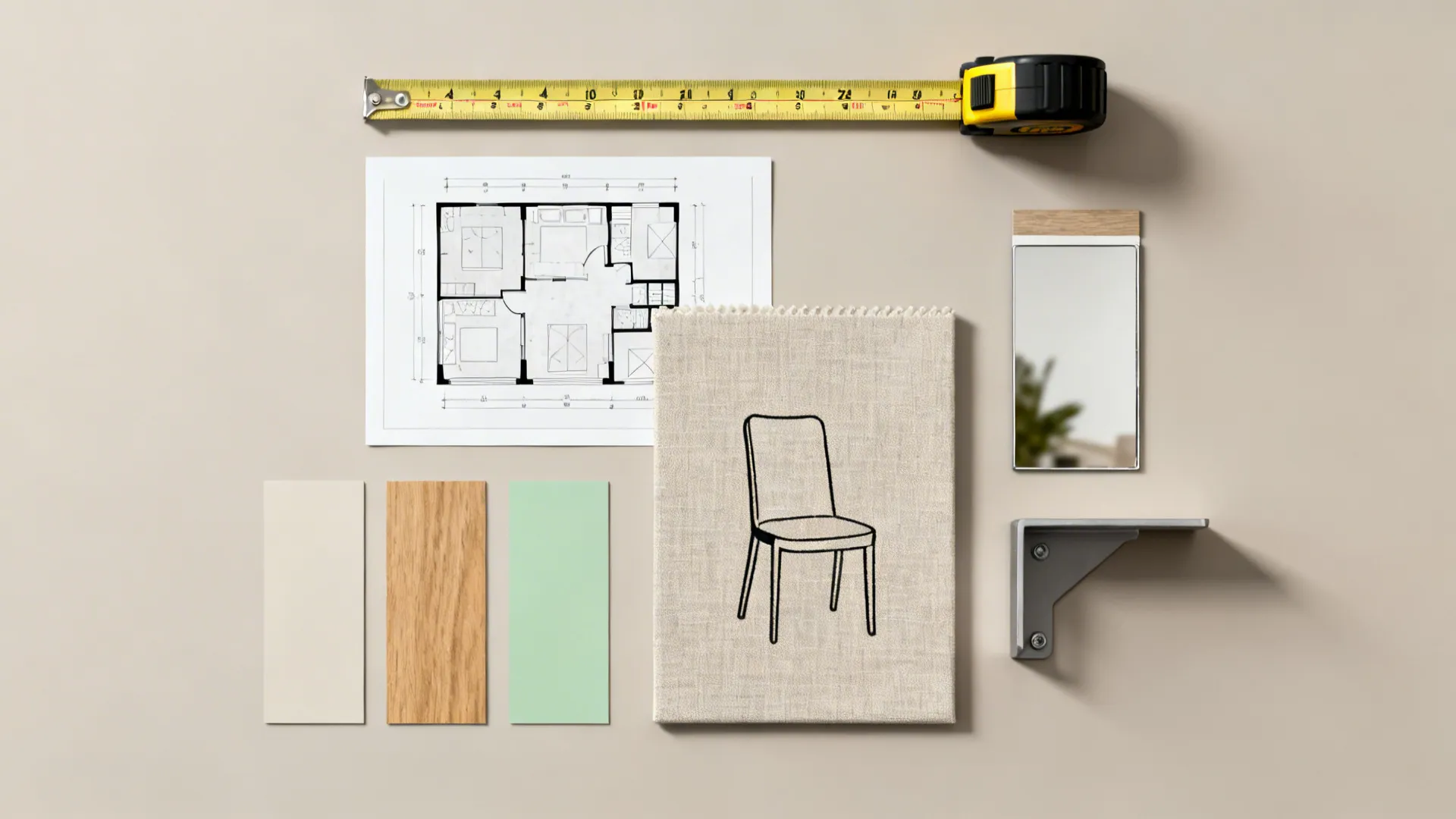 Flatlay showing measuring tape, floor plan mock-up, and material swatches for small dining planning