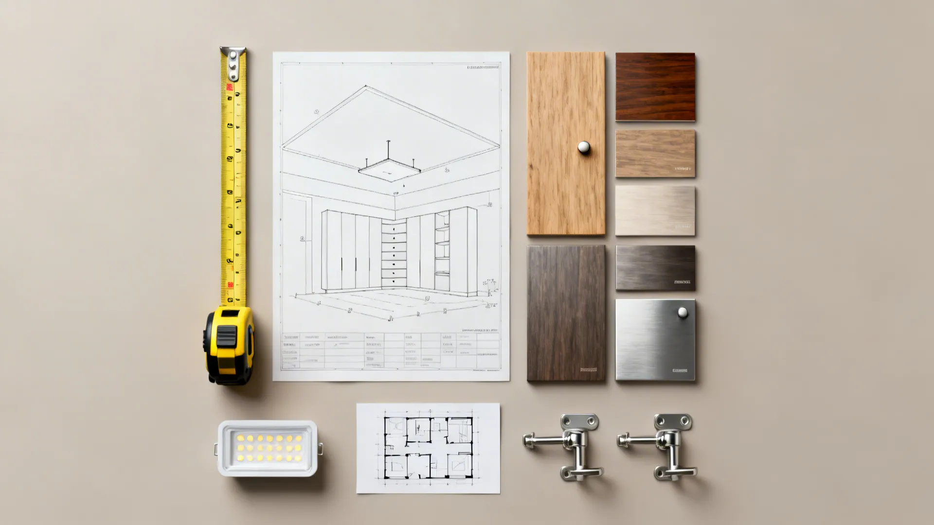 Flatlay of loft planning tools: tape measure, finish swatches, small lighting fixture, and a floorplan sketch.