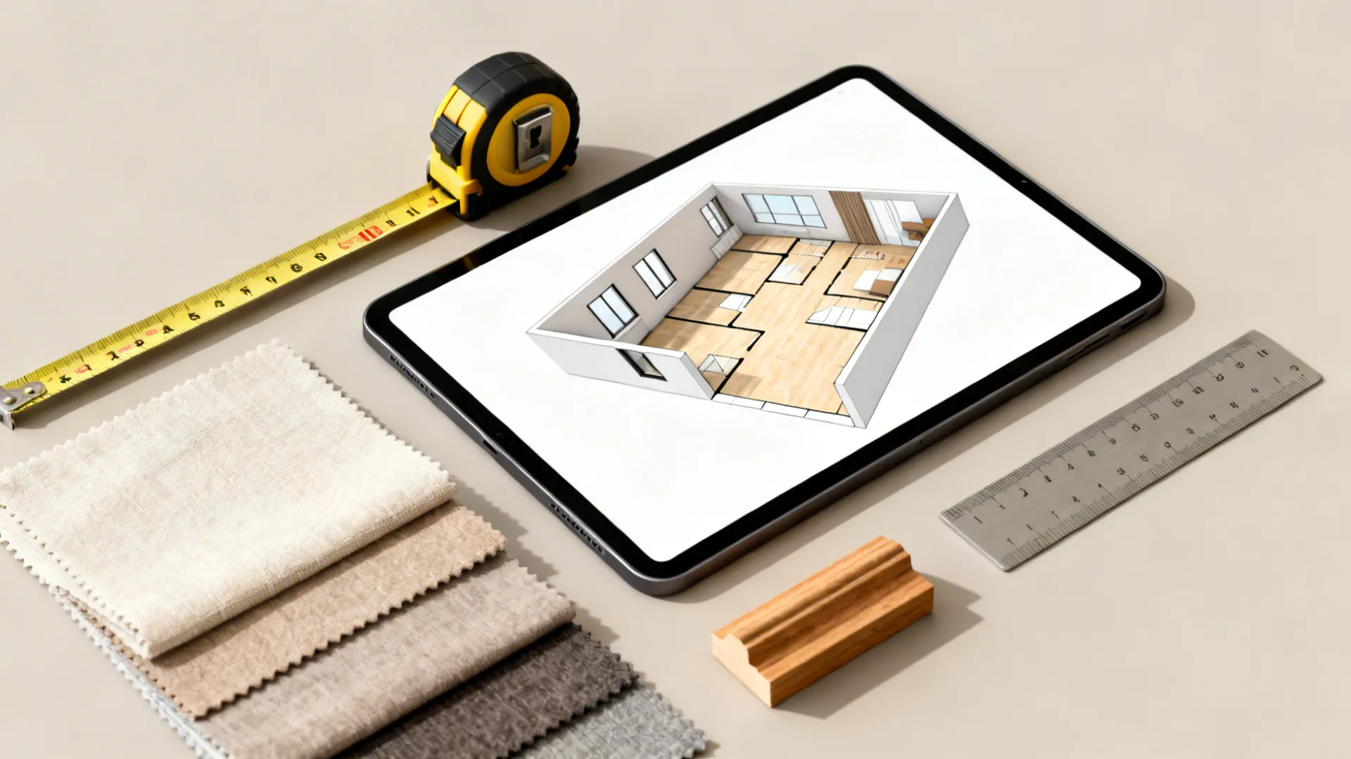 Flatlay with a tape measure, tablet showing a 3D room plan, fabric swatches and wood samples for small-room planning.