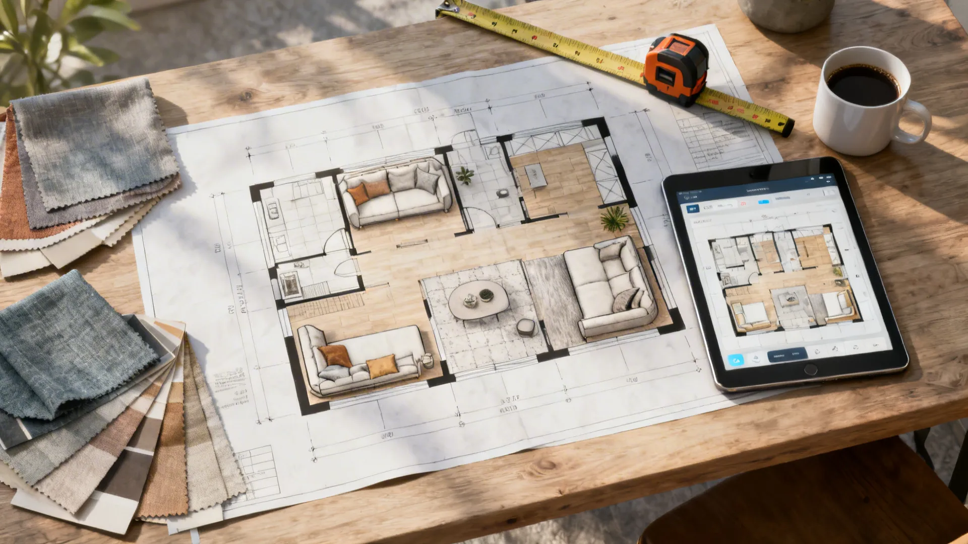 Top-down view of a floor planning desk with plans, tablet, measuring tape and swatches.