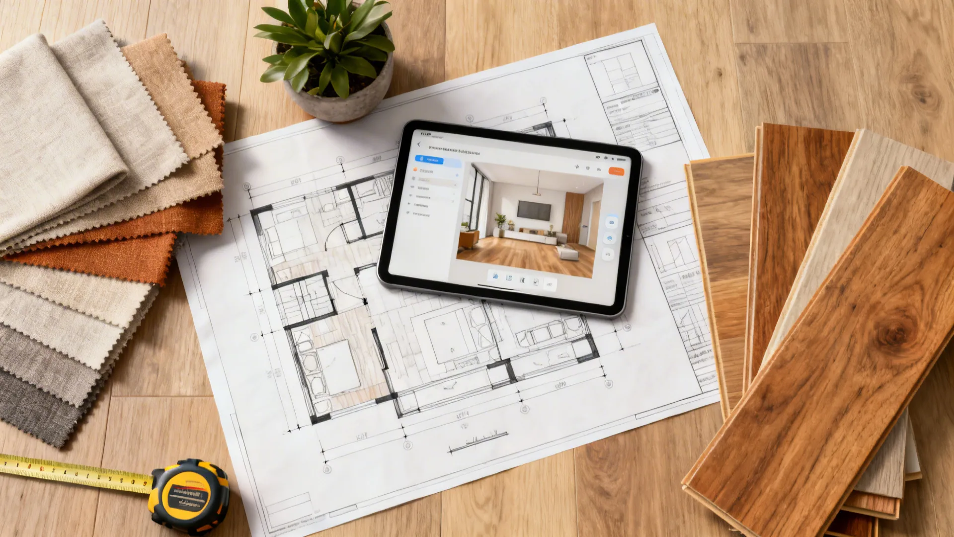 Top-down flatlay of floor plan sketches, tablet with room planner, measuring tape and material swatches.