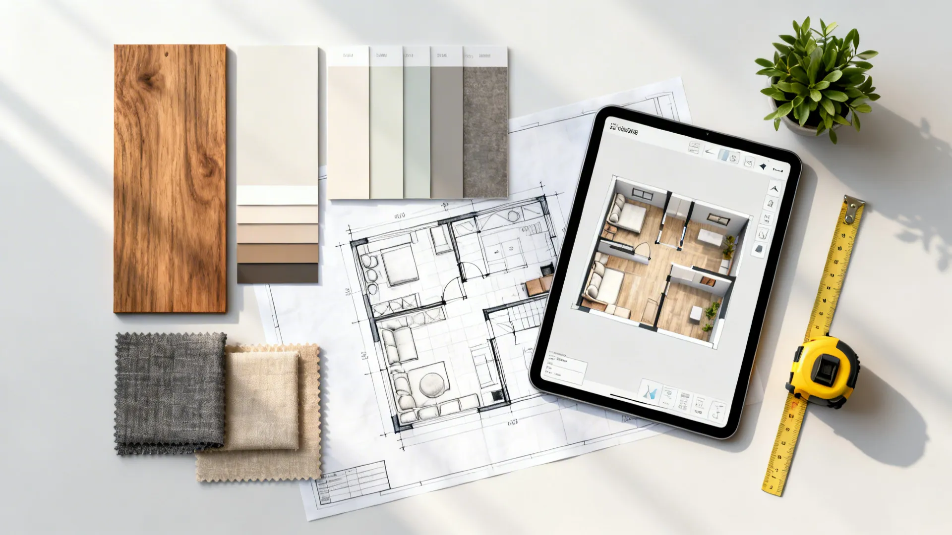 Flatlay of materials, paint swatches and a tablet showing a 3D floor planner for small-space design.