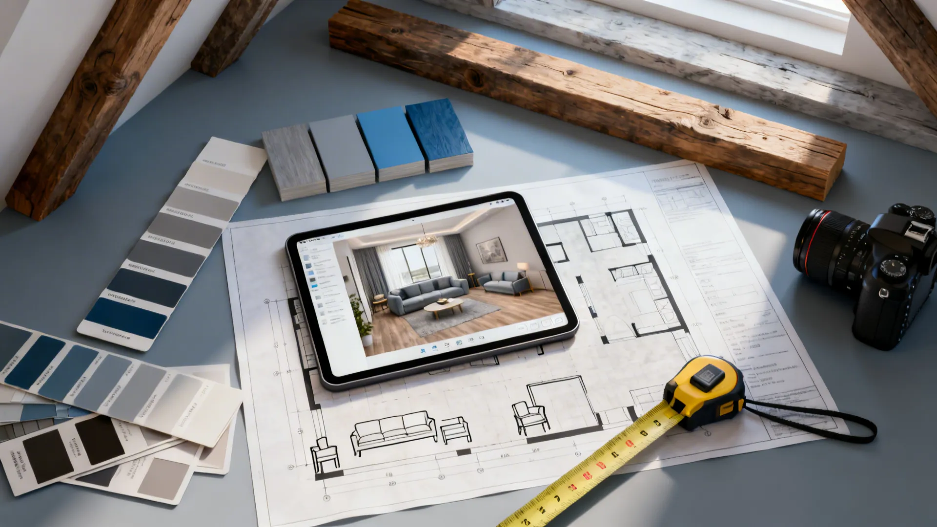 Flatlay of 3D floor planner on tablet, paint swatches, wood samples and measuring tools for vaulted room planning.
