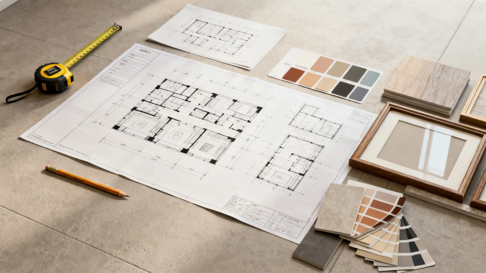 Flatlay of floorplans, color swatches, and frame mockups for planning a gallery wall