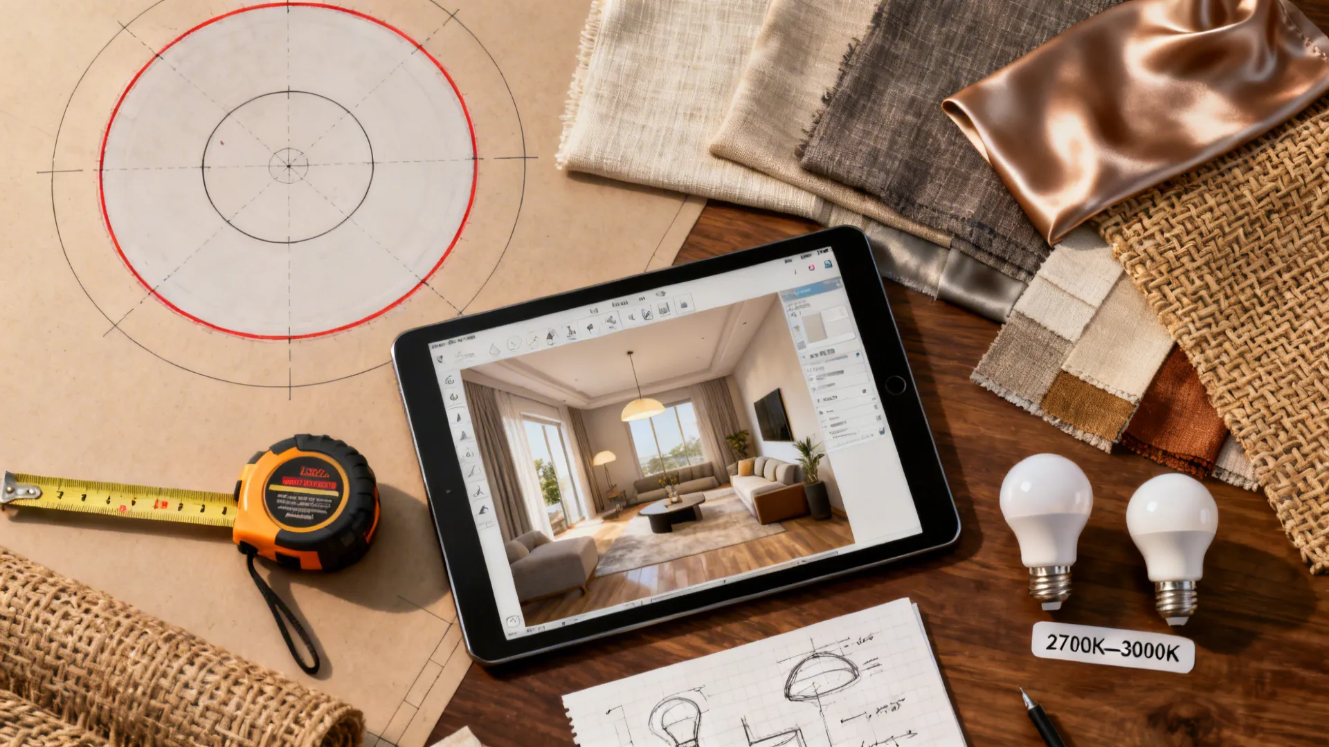 Flatlay of planning tools: ceiling tape template, 3D planner on tablet, fabric swatches and bulb samples for testing oversized shades.