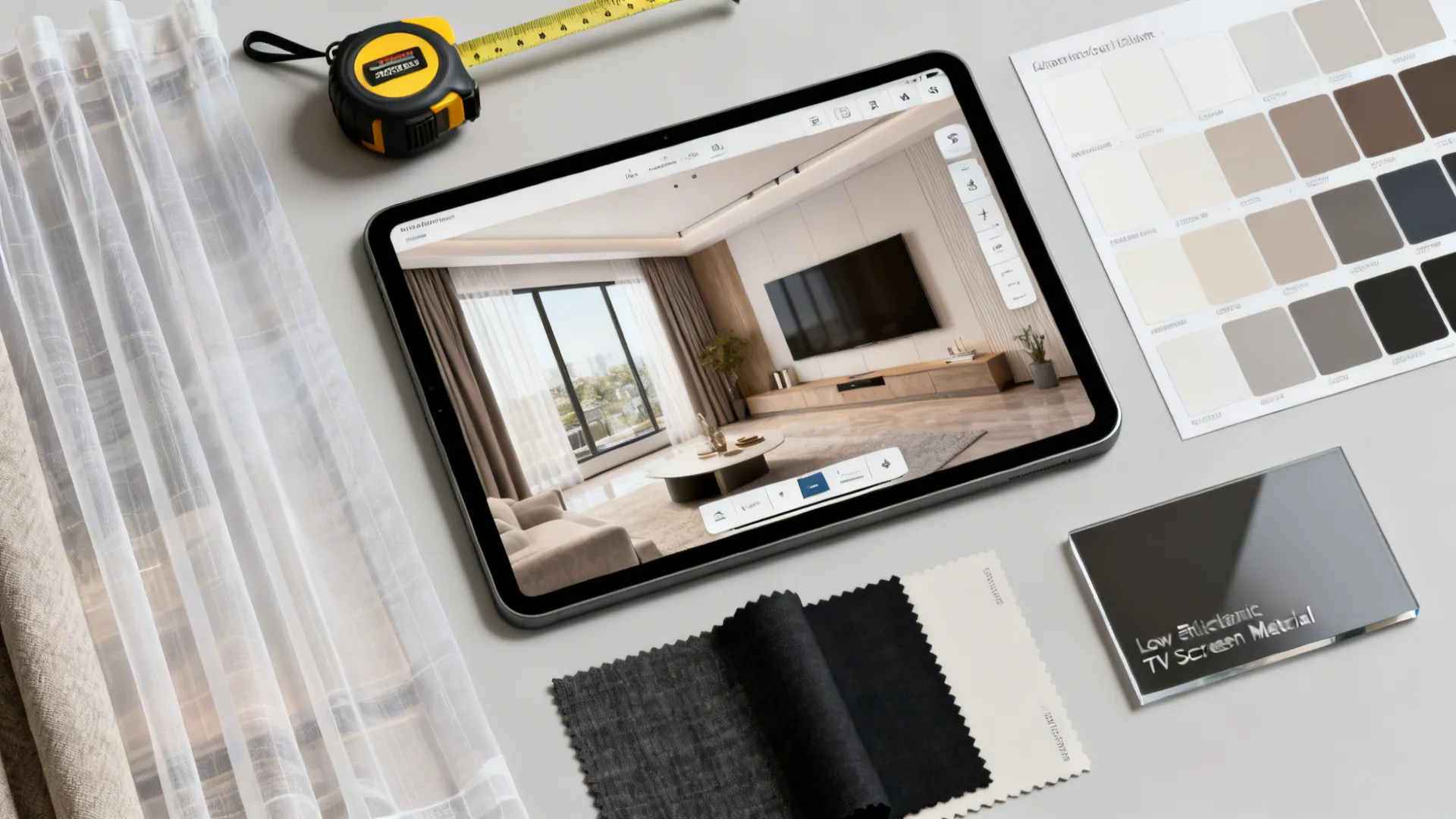 Flatlay of room planner tablet, measuring tape, fabric swatches and paint chips for window TV planning