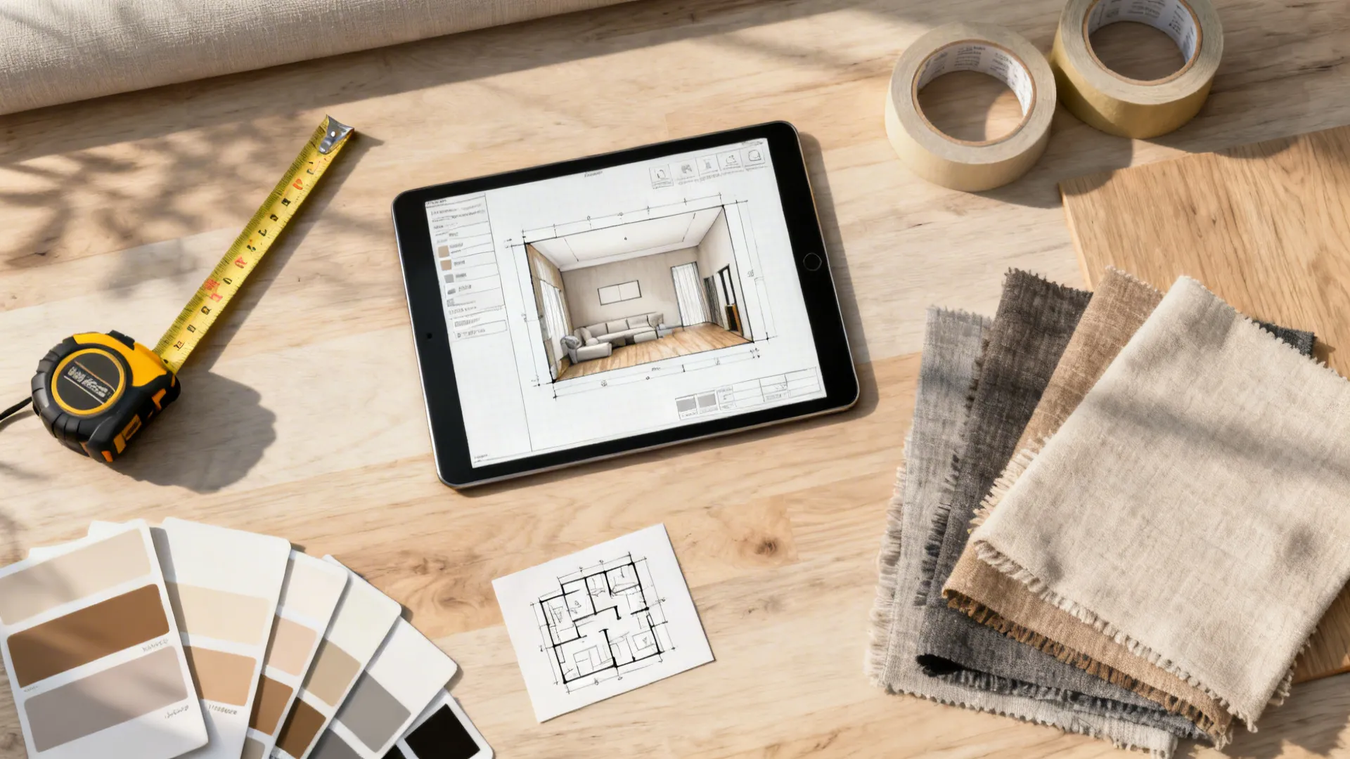 Flatlay of room planner tablet, measuring tape, painter's tape, and material swatches for living room planning
