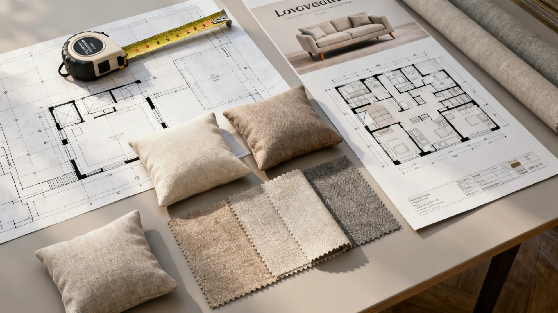 Flatlay with measuring tape, paper templates, fabric swatches and a room plan for sofa layout planning.