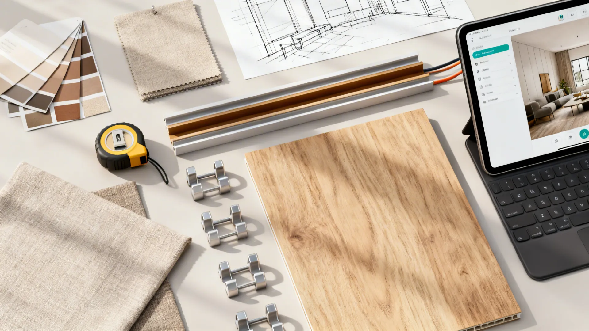 Top-down flatlay of material swatches, tape measure, tablet with room planner, and cable management tools.