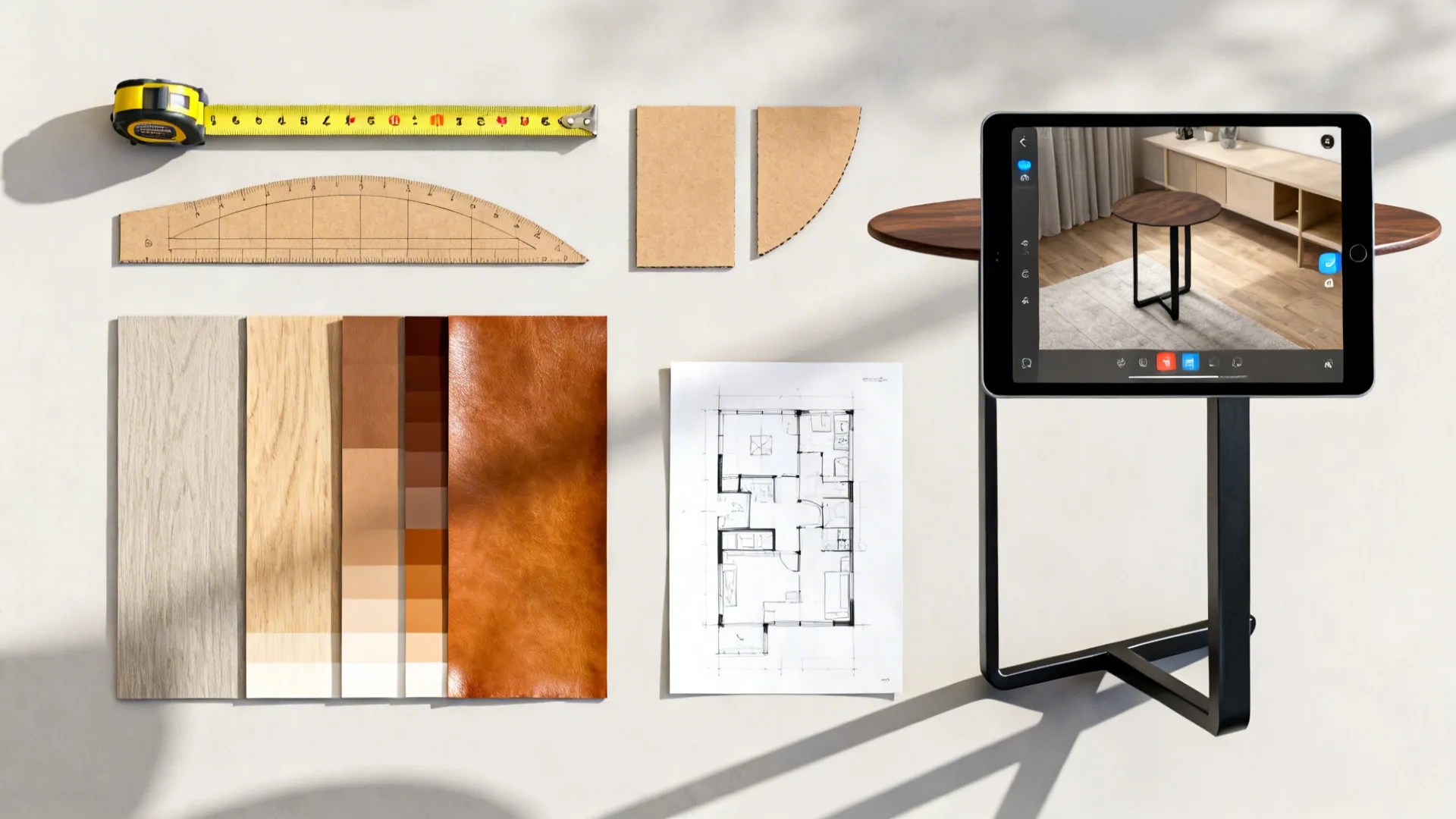 Top-down flatlay of a tape measure, cardboard mock-up pieces, color swatches and a tablet with a floor planner app.