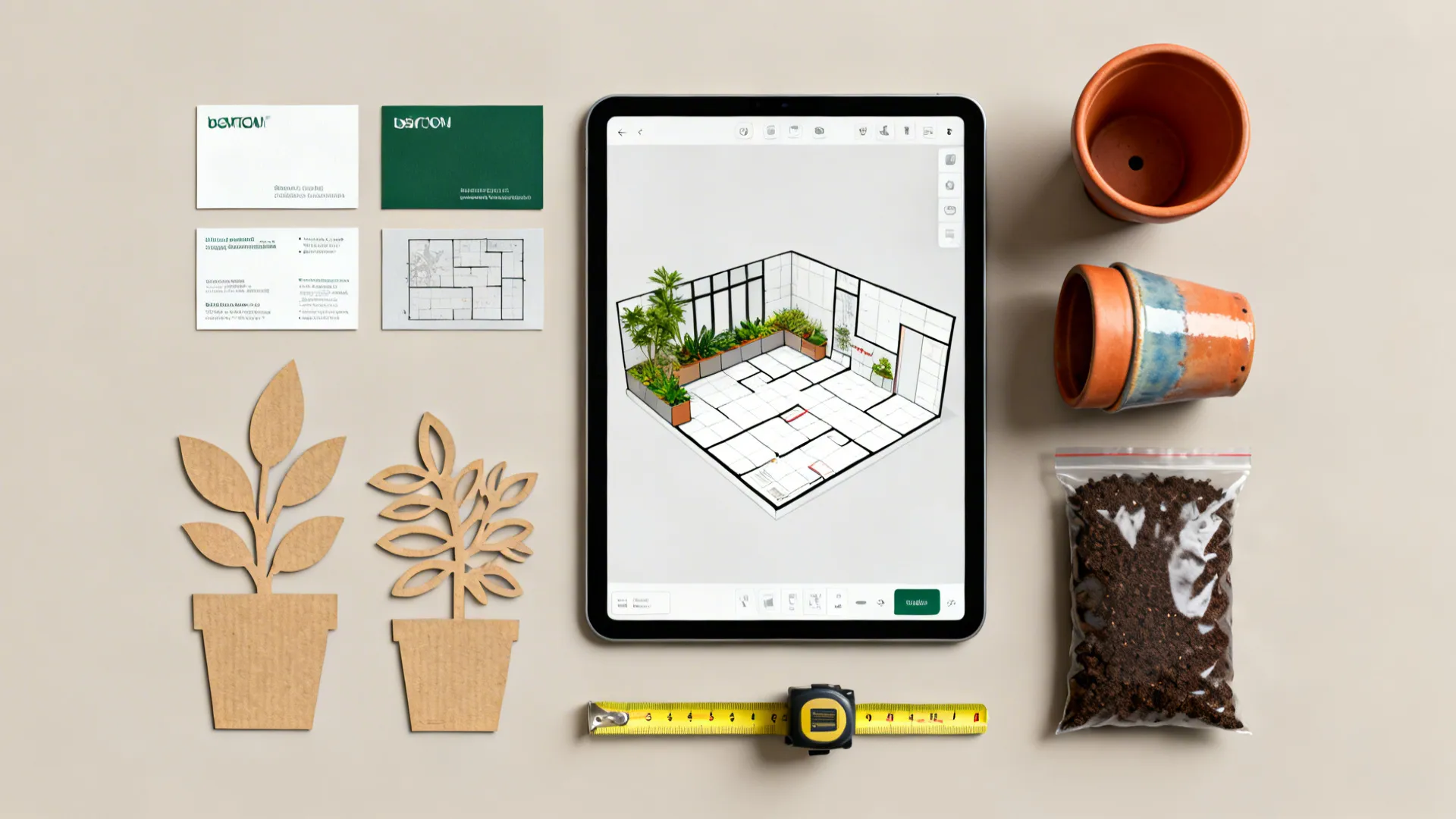 Flatlay of planning tools: 3D floor planner tablet, cardboard cutouts, pot samples and measuring tape.