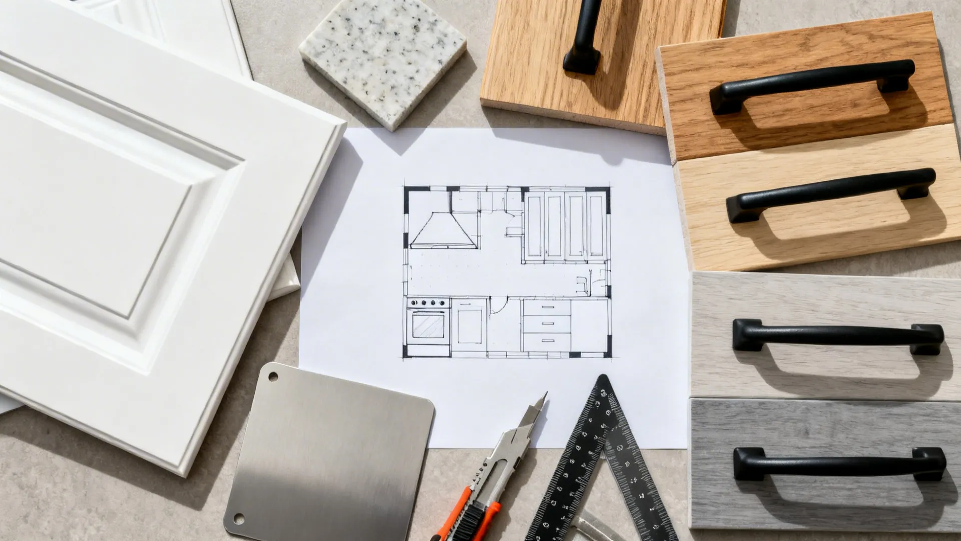 Kitchen floor plan drawing surrounded by wood material samples black handles and white cabinet door