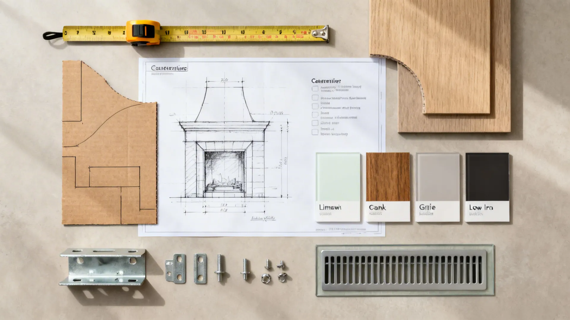 Design flat lay with tape measure, templates, material samples, concealed bracket, and vent grille.