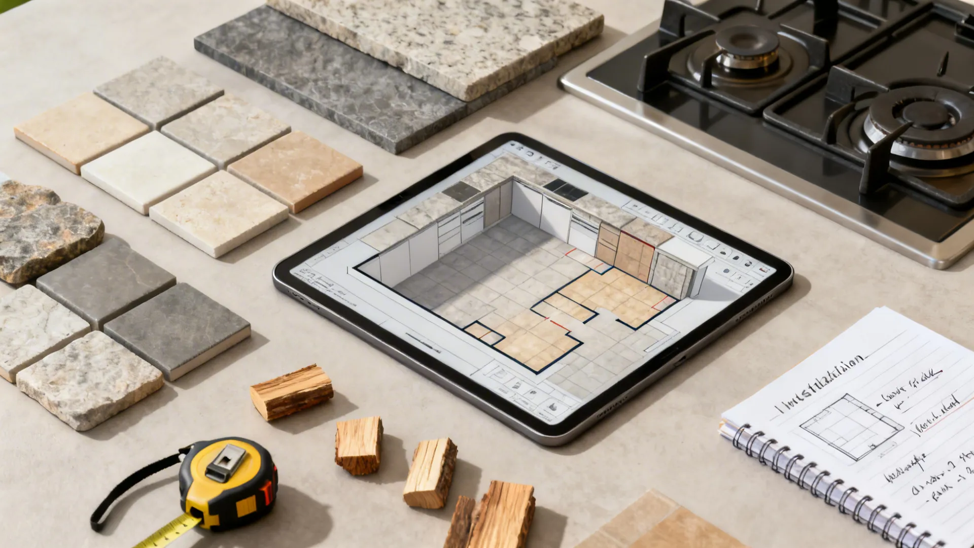Flatlay of hearth materials, tile swatches and a tablet showing a 3D floor planner.