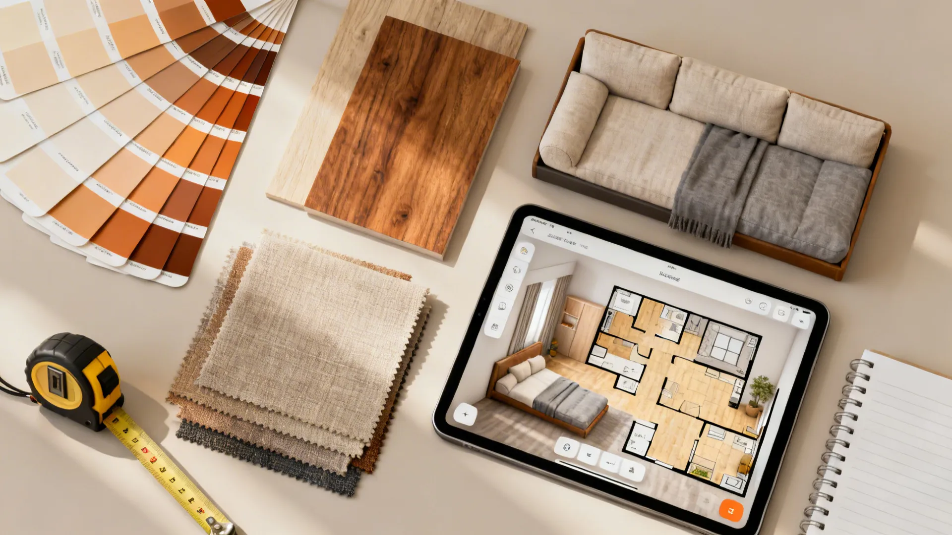 Flatlay of paint swatches, wood samples, fabrics and a 3D floor plan app for basement studio planning.