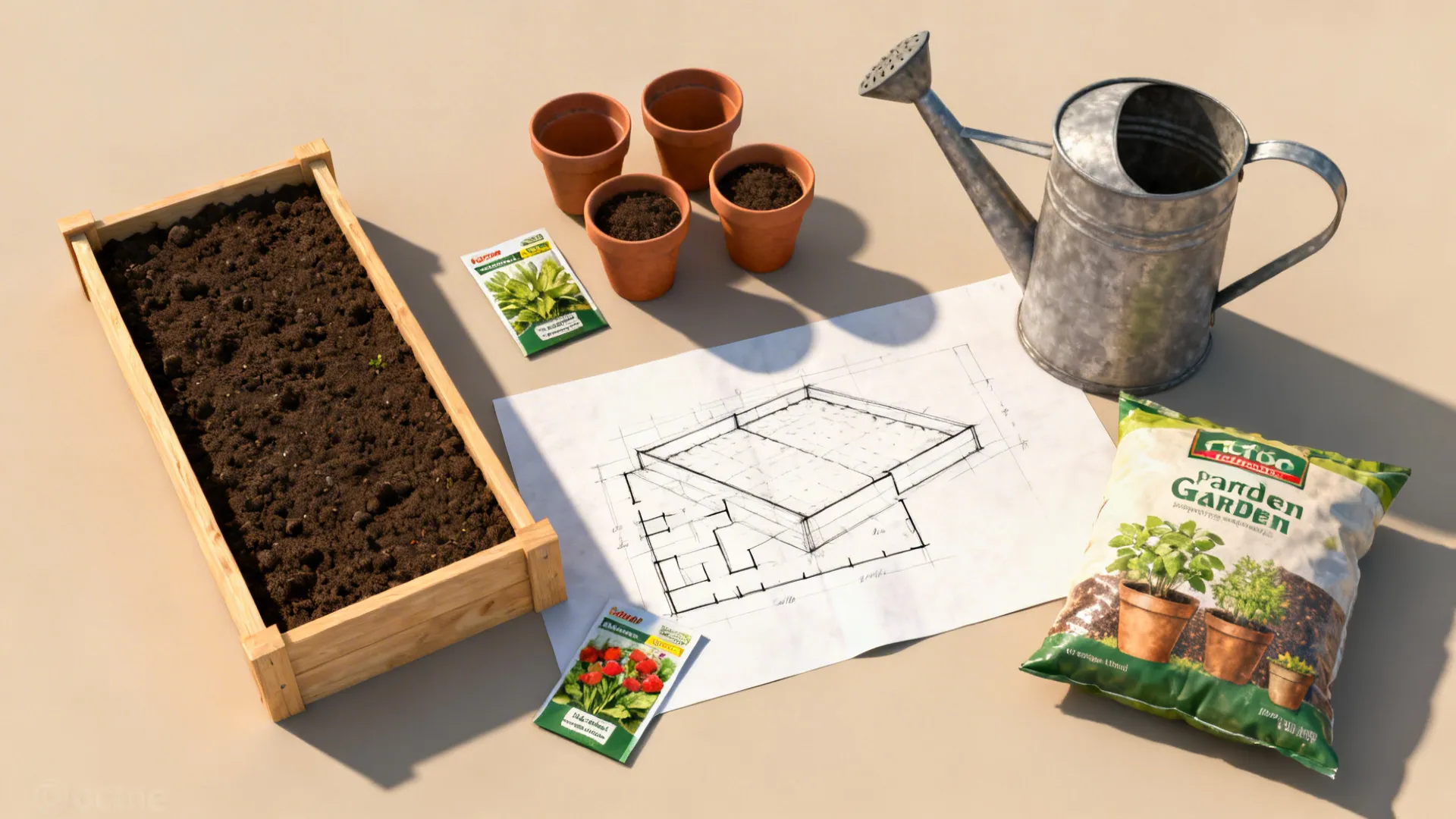 Flatlay of planning tools: sketches, pots, seed packets and potting mix for a small backyard garden