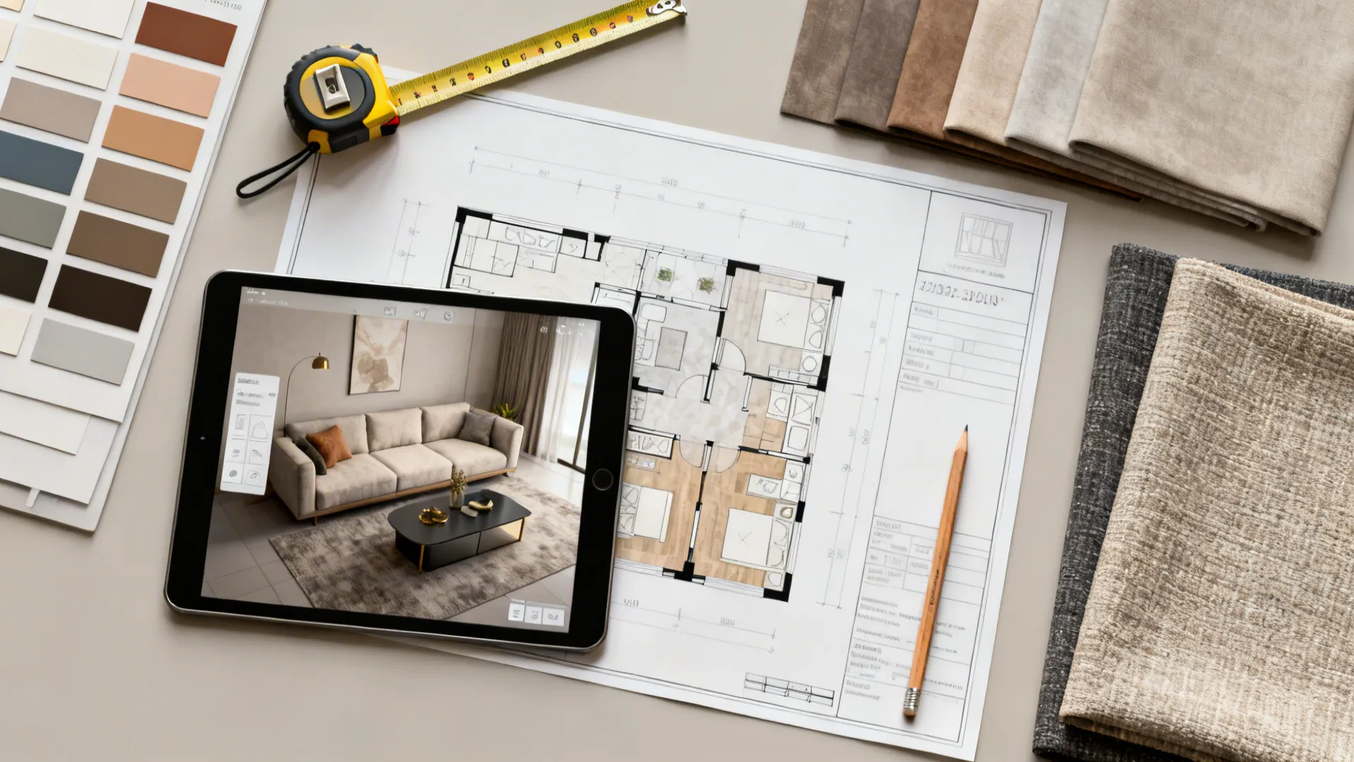 Flatlay of floor planning tools: printed plans, tablet 3D mockup, tape measure and material swatches.