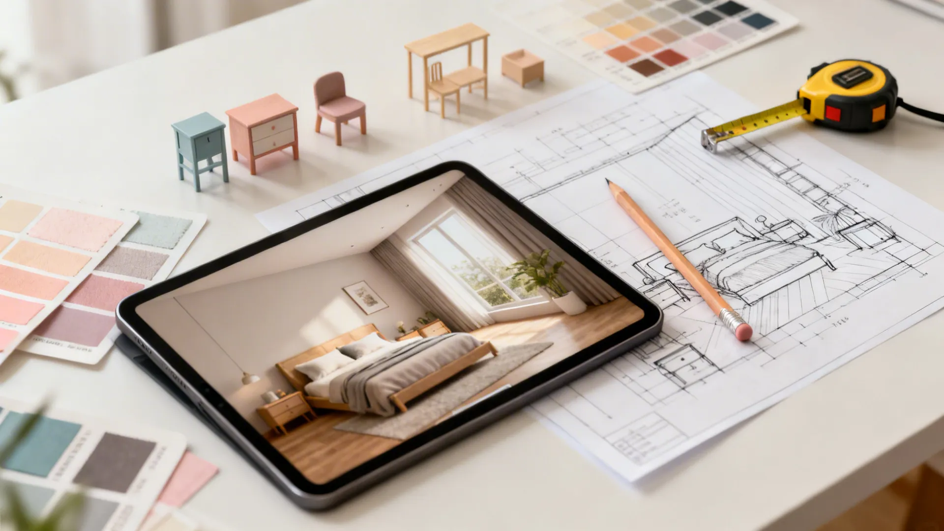Flatlay of sketches, tablet 3D mockup, color swatches and tools for planning a small bedroom