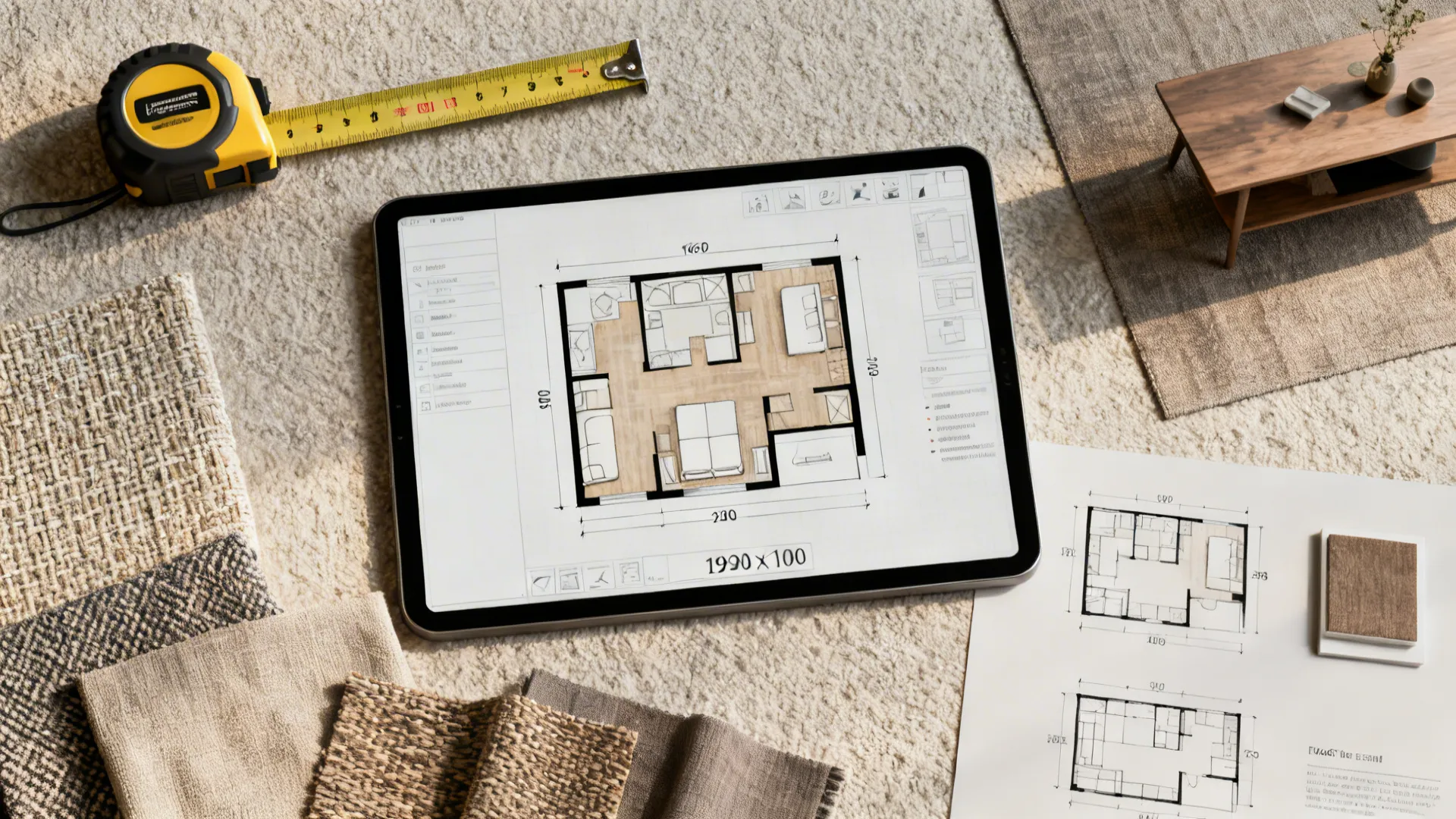 Flatlay with tape measure, fabric swatches, and a tablet showing a 3D floor planner for sectional planning.