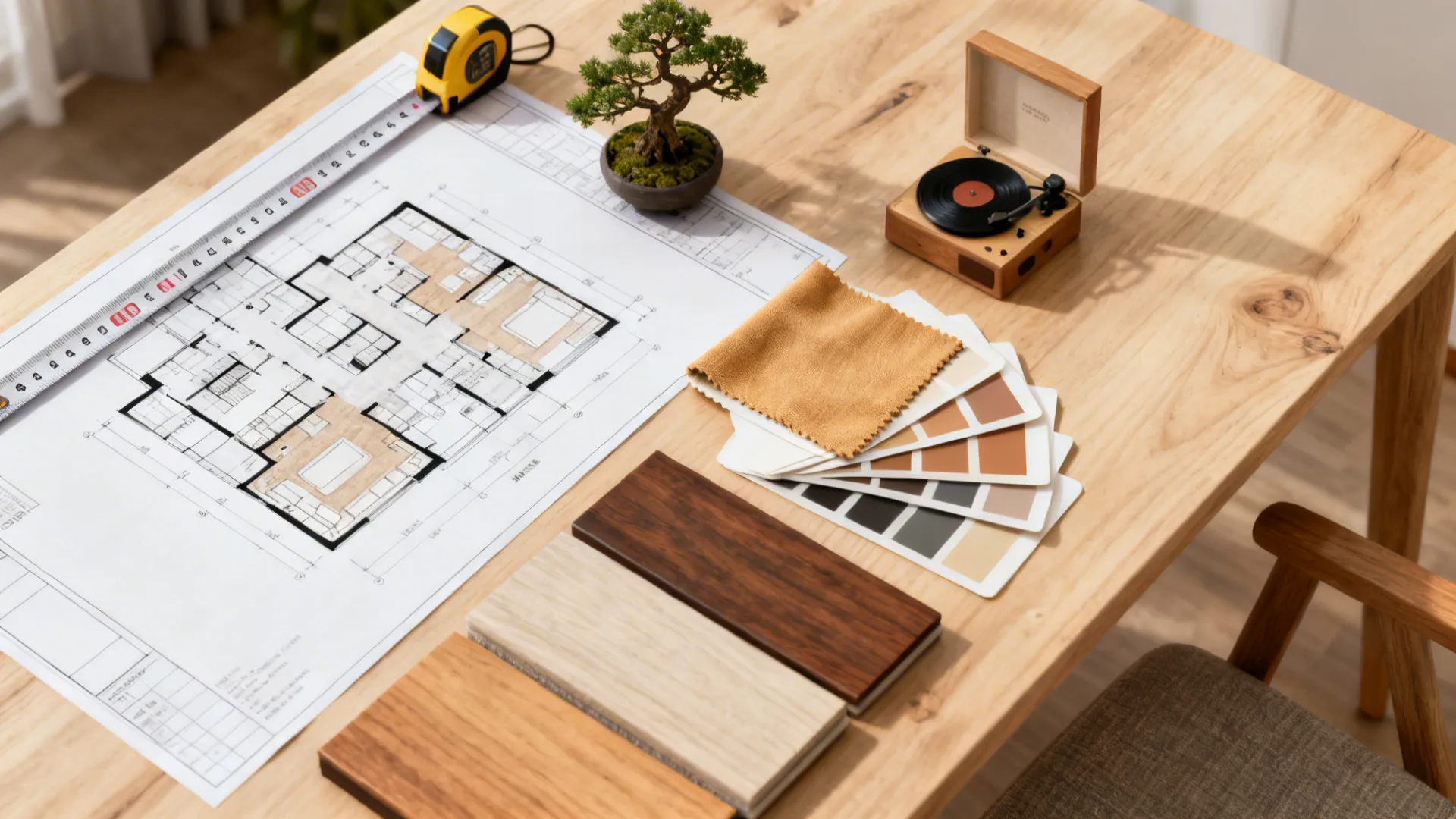 Top-down flatlay of floor plan, color swatches, fabric sample and measuring tools for living room planning