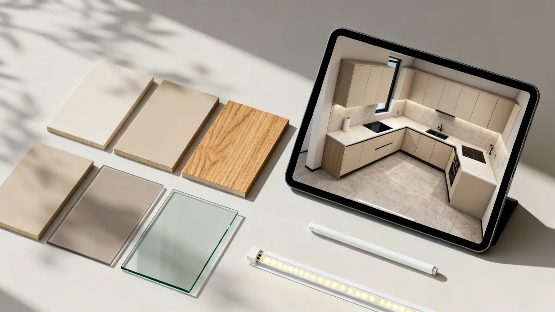 Flat lay of finish samples, LED strip, glass swatch, and a tablet with a 3D L-shaped kitchen.