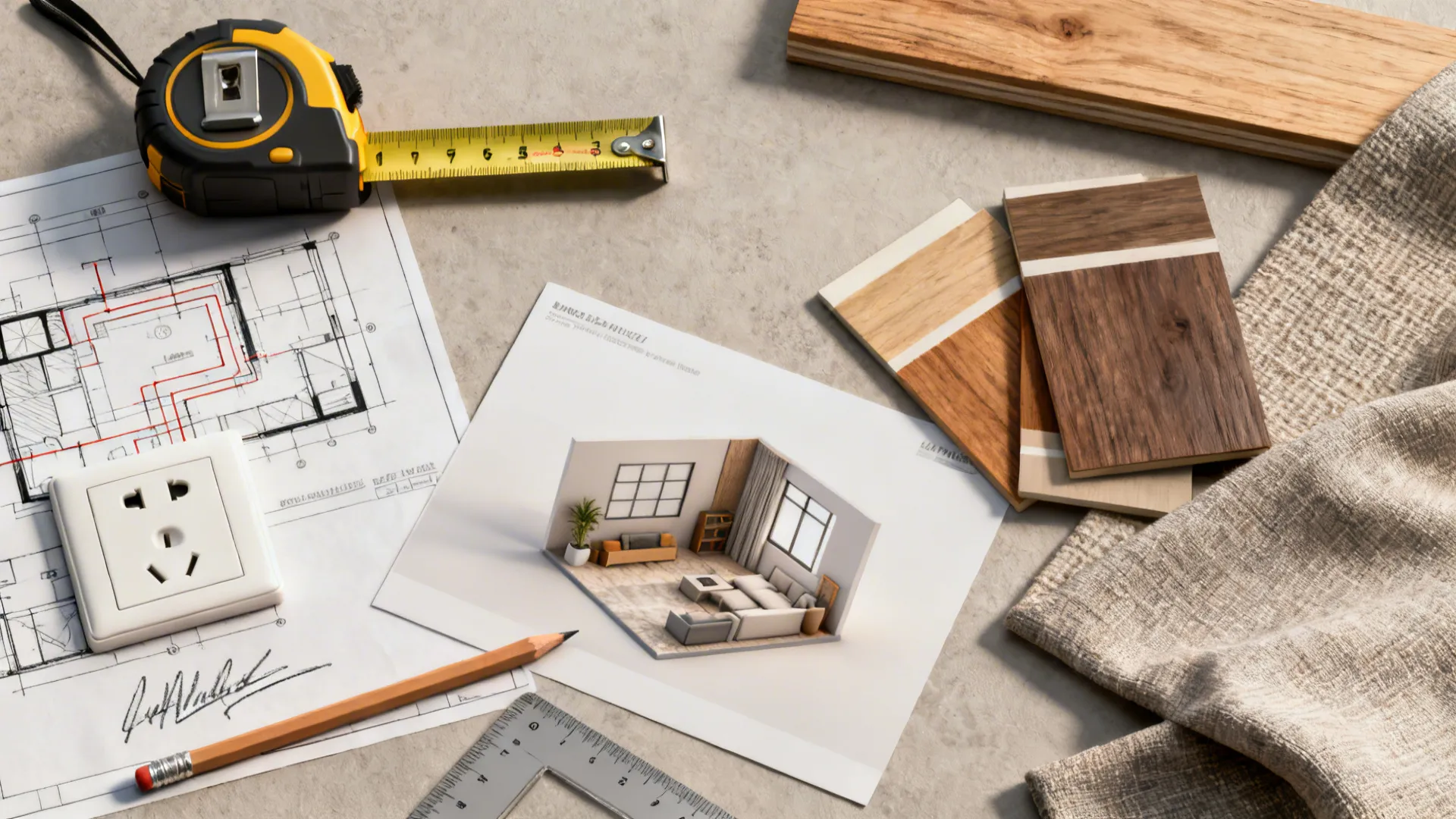 Top-down flatlay of room planning tools: tape measure, swatches, and floor planner printout.