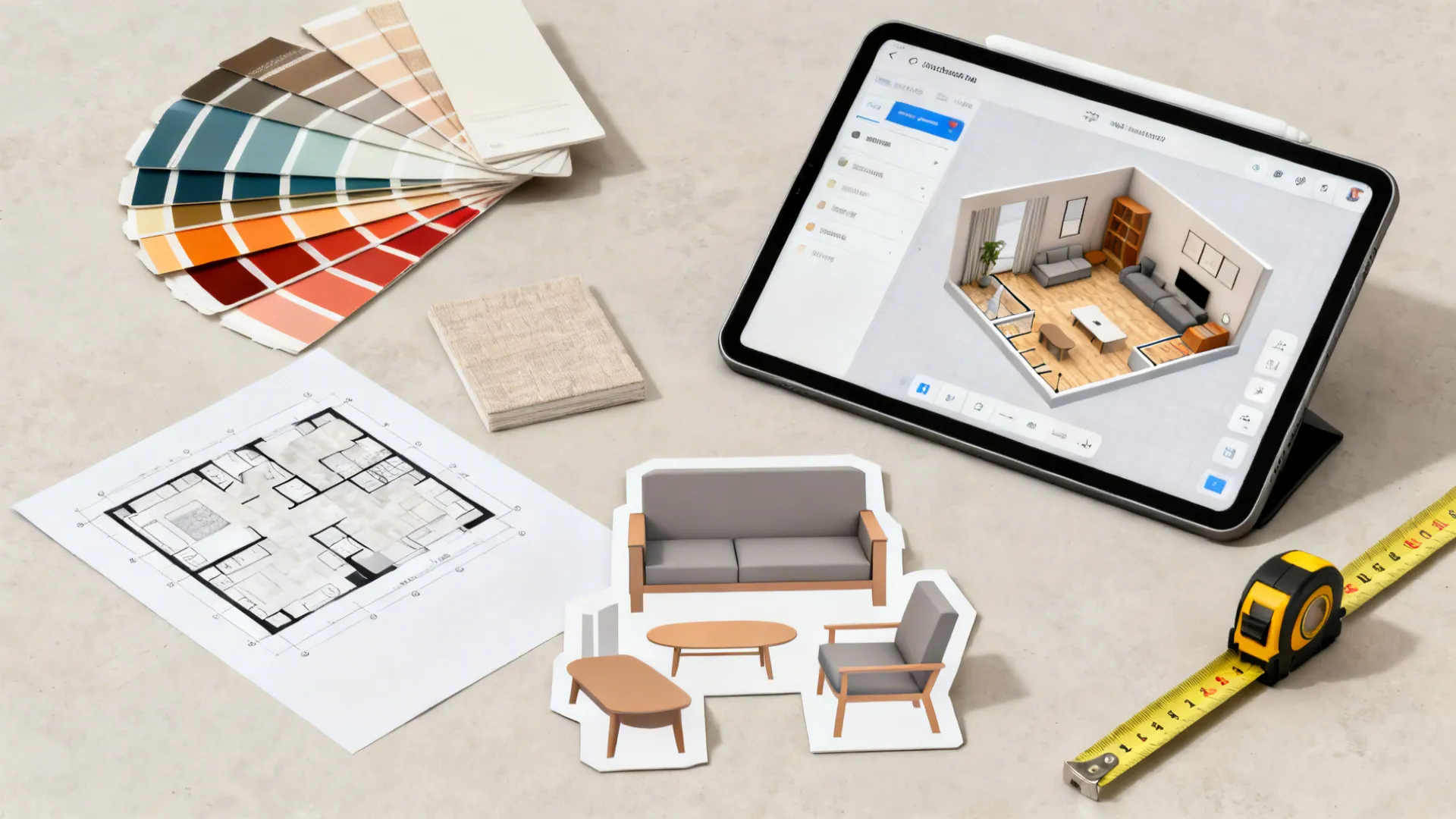 Flatlay of 3D planning tools, color swatches, tablet with floor planner and measuring tape.