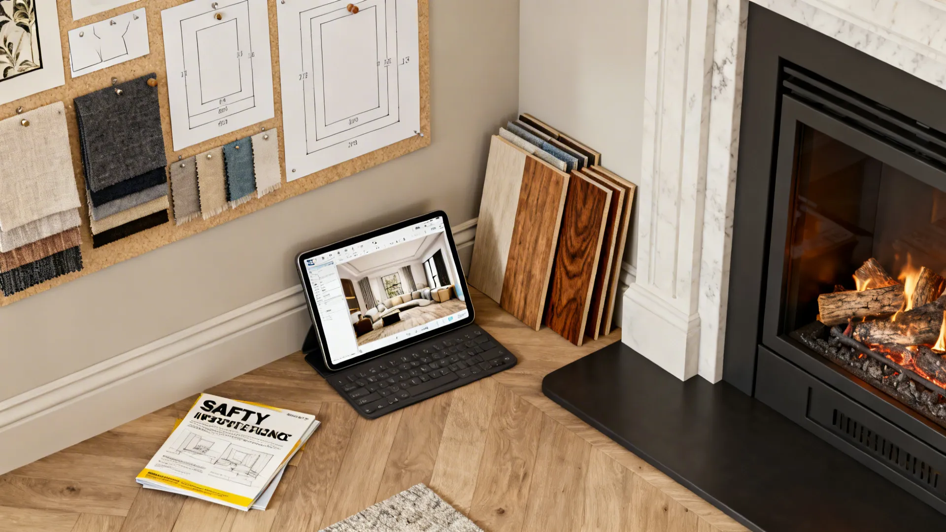 Interior design workspace with tablet showing room layout beside wood floor samples and mood board