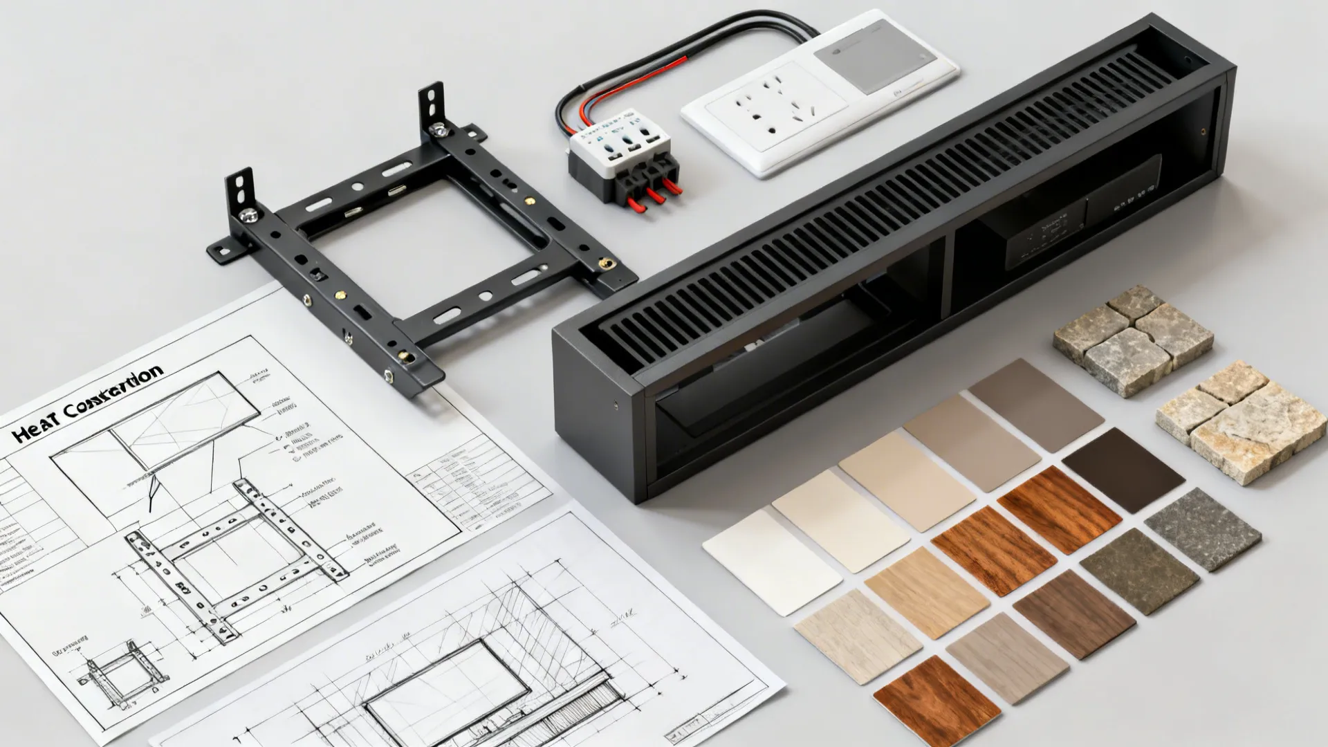 Flatlay of planning materials including mounting hardware, in-wall power kit, diagrams and color swatches for TV above fireplace installation
