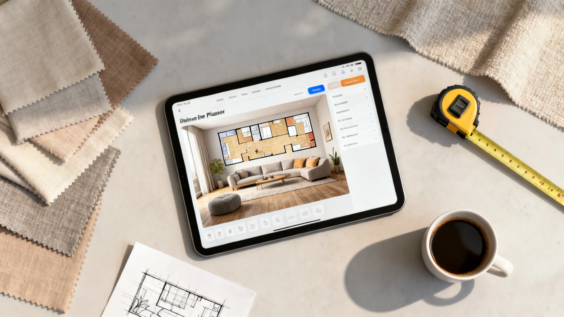 Flatlay of a tablet with room planner, measuring tape and fabric swatches
