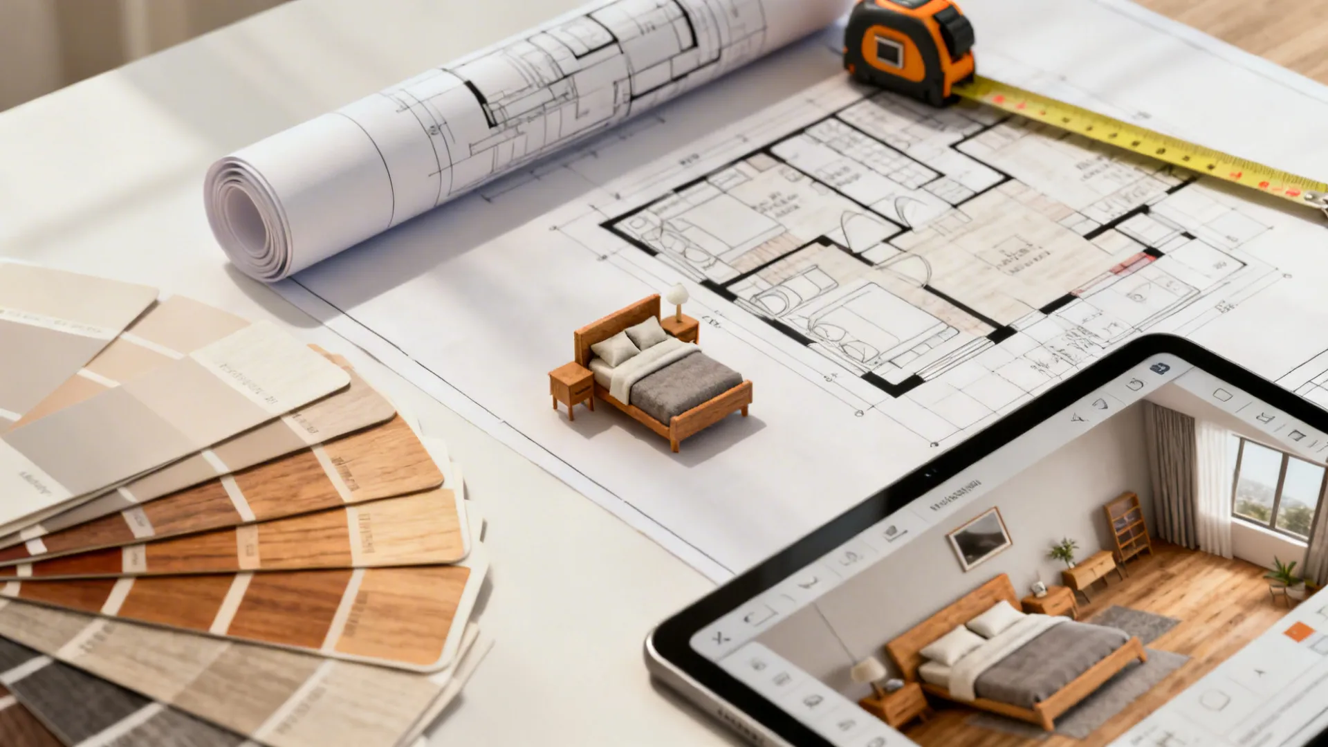 Top-down flatlay of room planner tools, measuring tape, and color swatches for small bedroom design