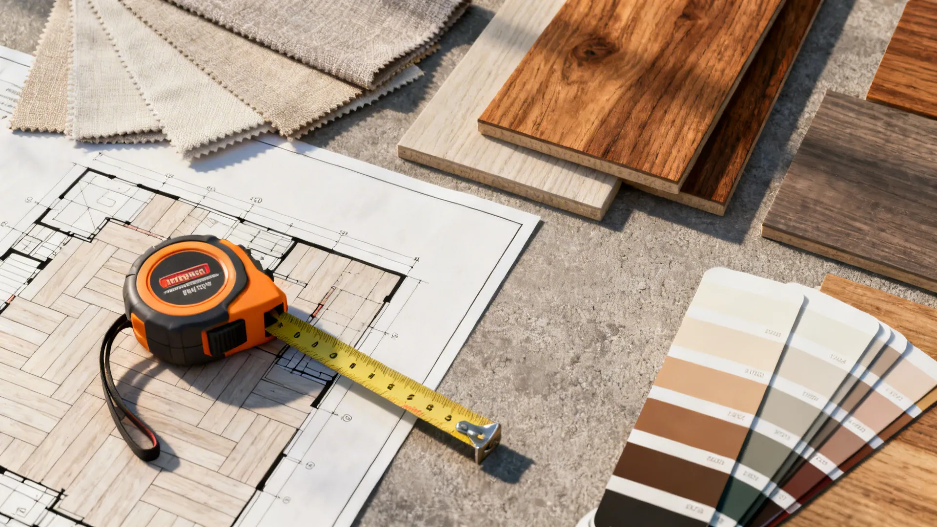Flatlay of tape measure, fabric swatches, and finish samples for planning a sectional layout.
