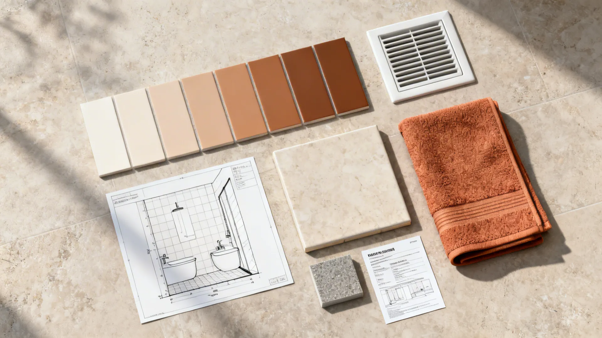 Top-down flatlay of room planner, tile and color swatches, and ventilation notes for small bathroom remodel planning.