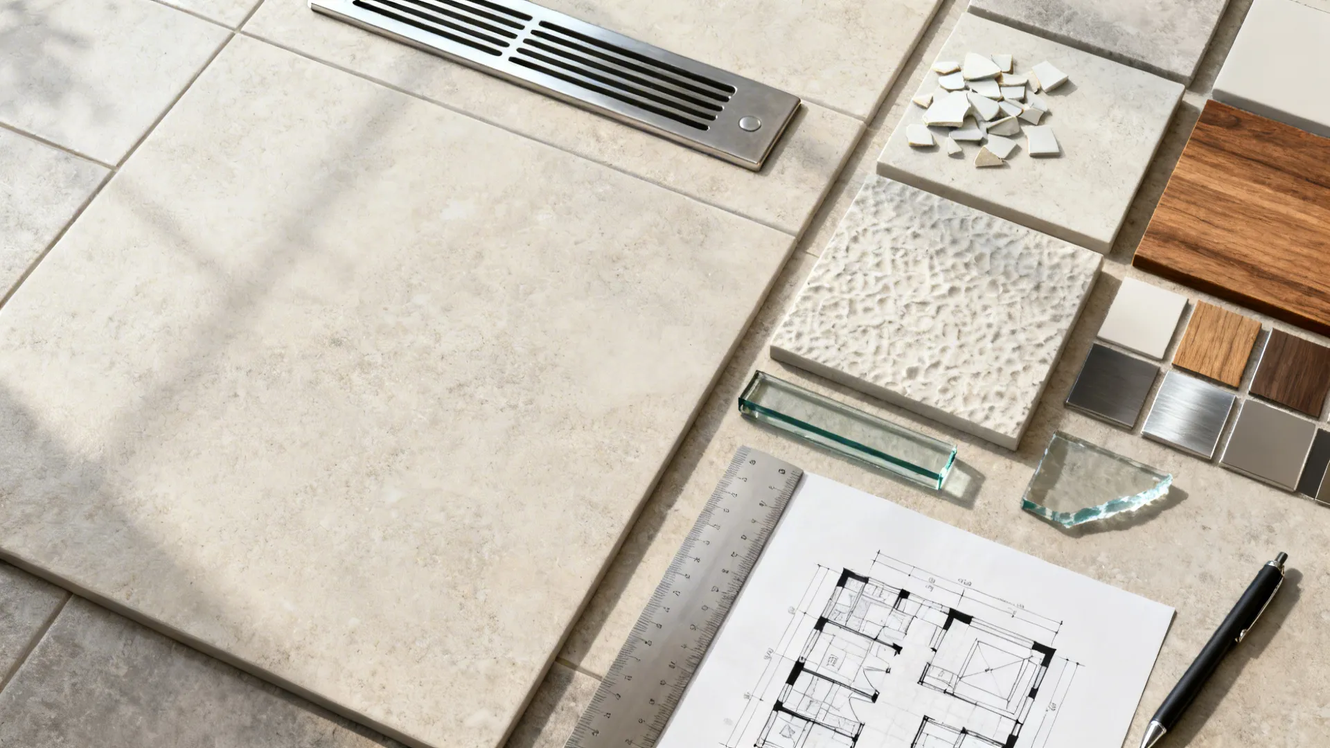 Flatlay of tile samples, linear drain sample and floorplan sketches for open shower planning