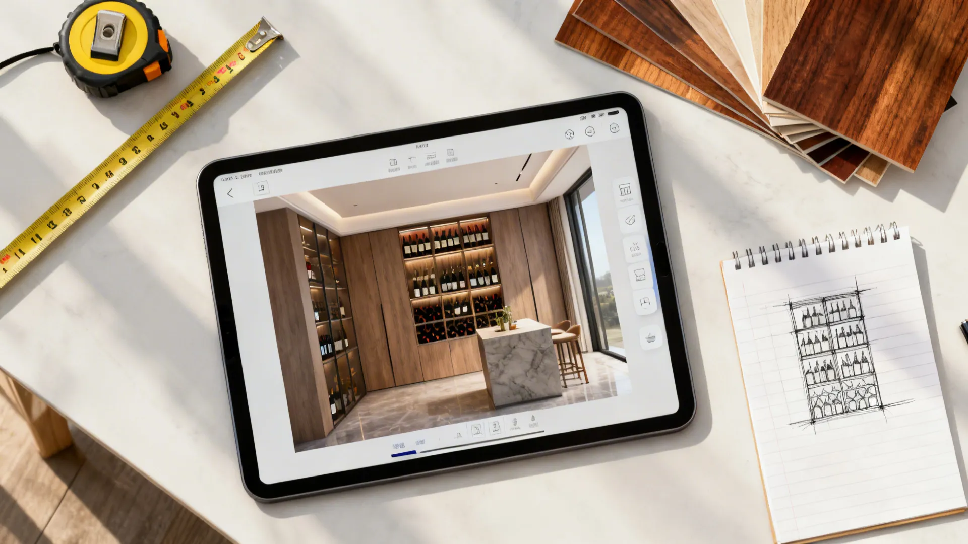 Top-down flat lay of a tablet with room planner, measuring tape, and wood swatches for wine rack planning.